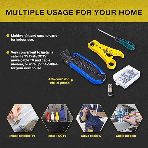 Miniatura 2 de KOTTO - Kit de crimpadora de cable coaxial – Herramienta de compresión ajustable para RG6, RG59, RG11 – Incluye pelacables coaxiales y conectores de