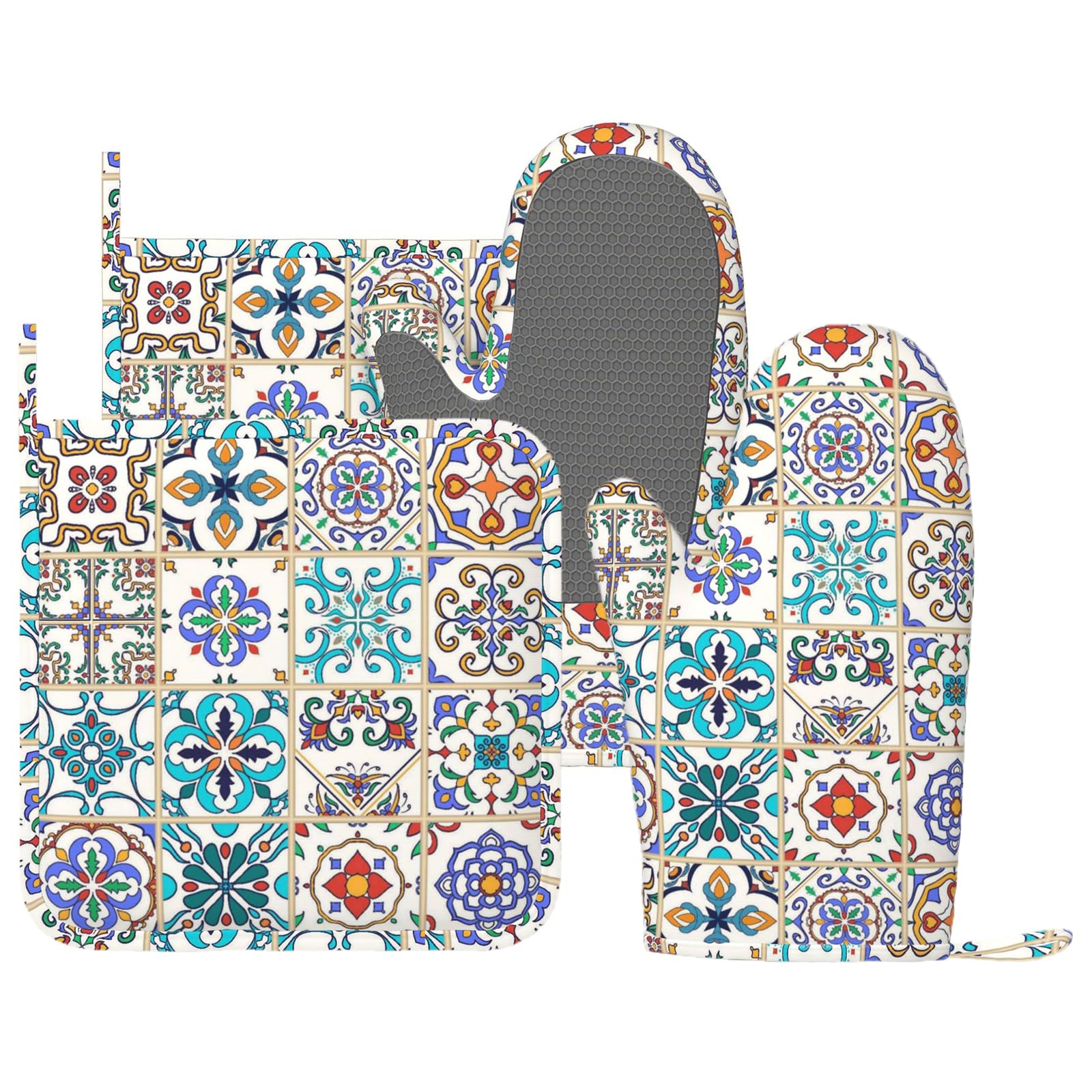 Boho Talavera Lot de 4 maniques et maniques à carreaux mexicains et ethniques exotiques résistants à la chaleur Motif mandala coloré Pour cuisine, pâtisserie, grillades et barbecue
