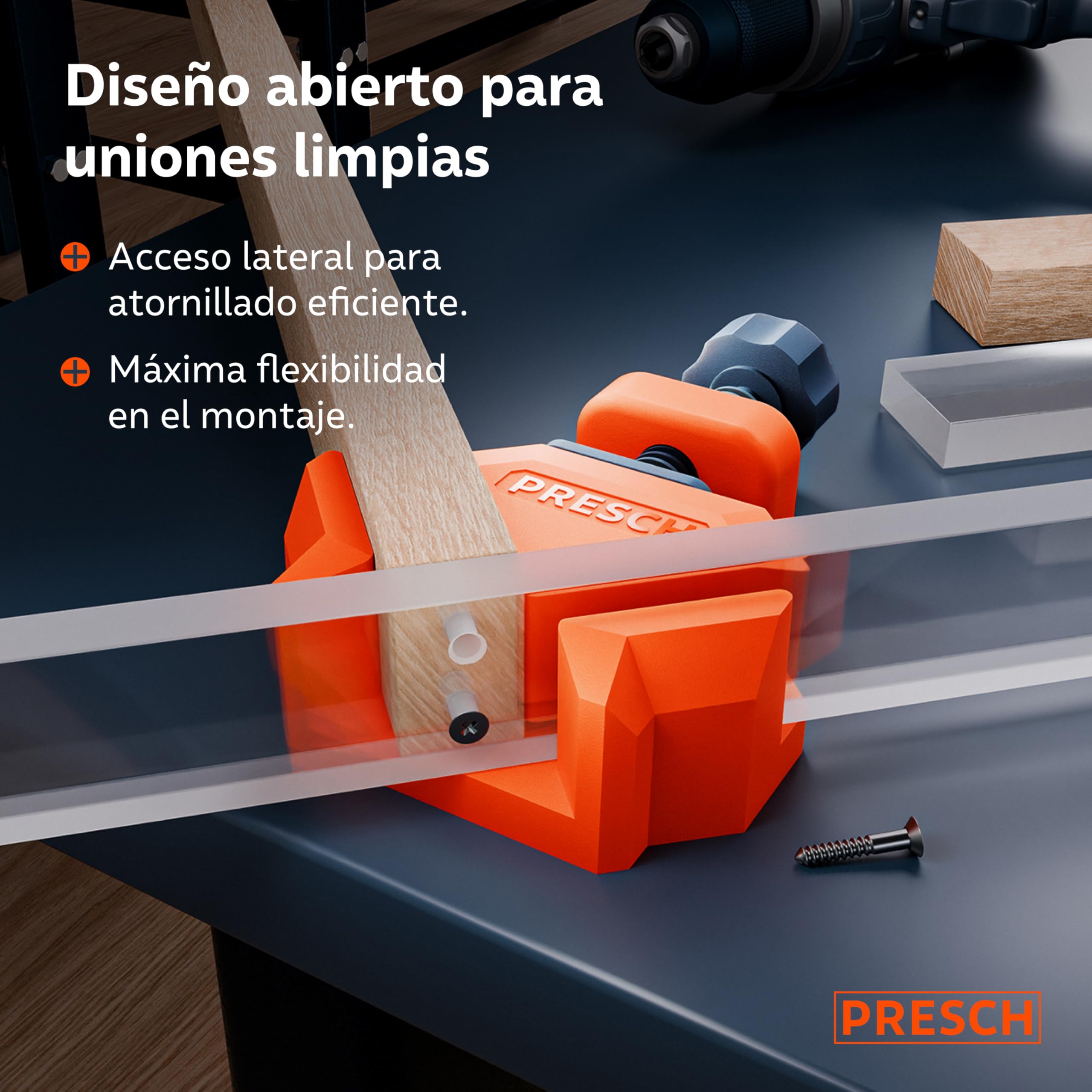 Presch Sargento escuadra 4 uds - Sargentos angulo para grosores de tablero de hasta 26 mm - 25 kg de fuerza de sujeción para ángulos exactos de 90° - Robustas de plástico reforzado con fibra de vidrio