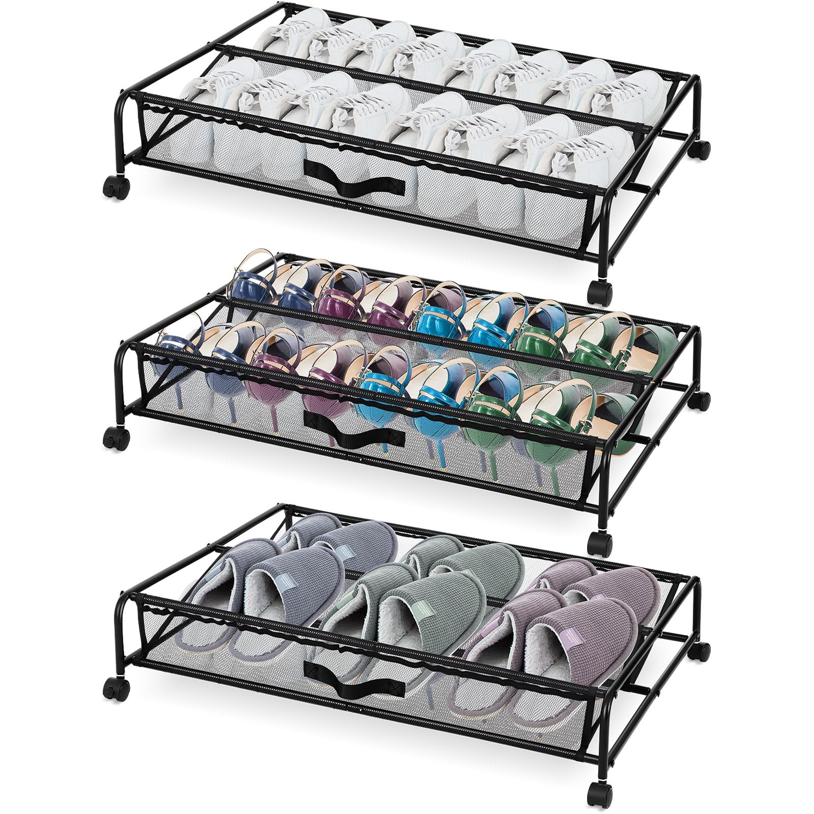 Teenyyou 3 Packs Under Bed Shoe Storage Organizers with Wheels Large Rolling Under bed Metal Shoe Drawers Assembly for House Bedroom Apartment Sofa Drawer Organization Storage Space Saving