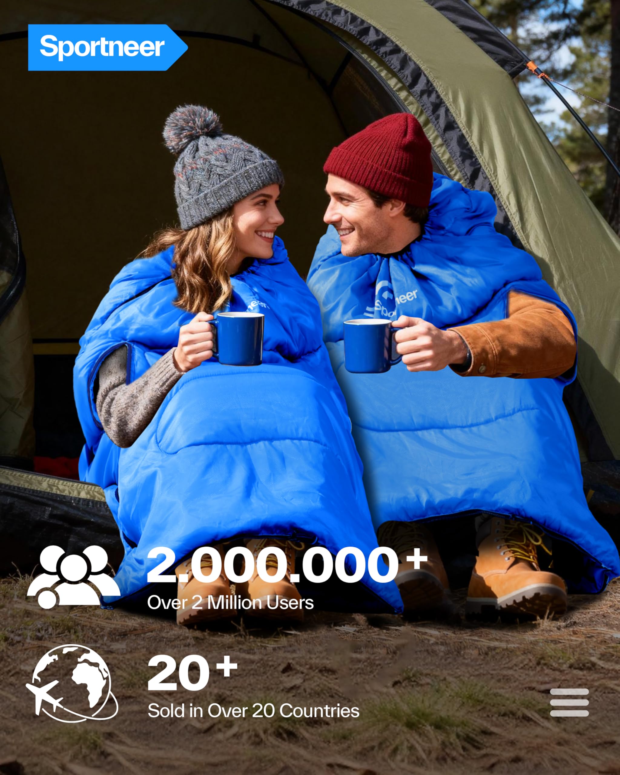 Sportneer Saco de Dormir portátil Adecuado para Las 4 Estaciones con Orificios con Cremallera para Brazos y pies Saco de Dormir Individual para Adultos para Senderismo y Viajes, 20 Grados, Azul