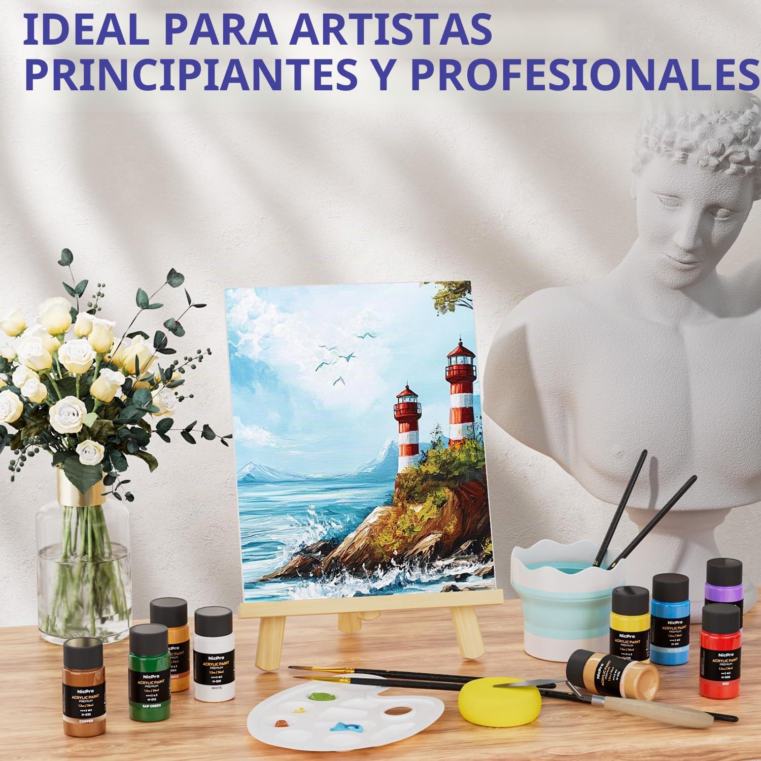 Nicpro Juego de lienzos de pintura acrílica para adultos, kit de 80 piezas de suministros de pintura artística con 36 pinturas (36 ml), caballete de madera de mesa, 10 paneles de lienzo, 12 pinceles,