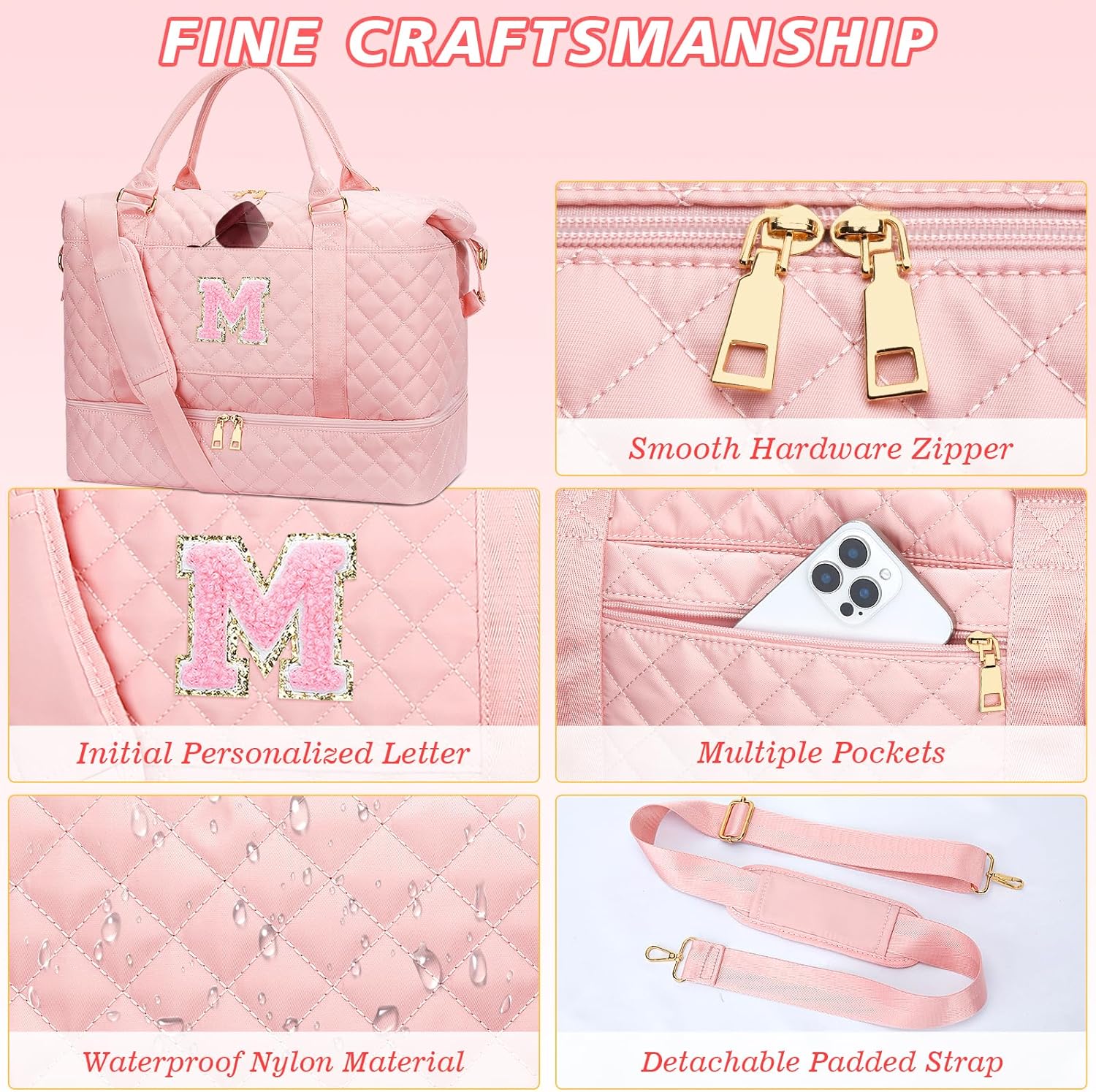 Gifts for Women Girls Initial Travel Duffle Bag Quilted Weekender Carry-On Overnight with Cosmetic Bag, Gym Bag with Shoe Compartment, Pink M - Image 6