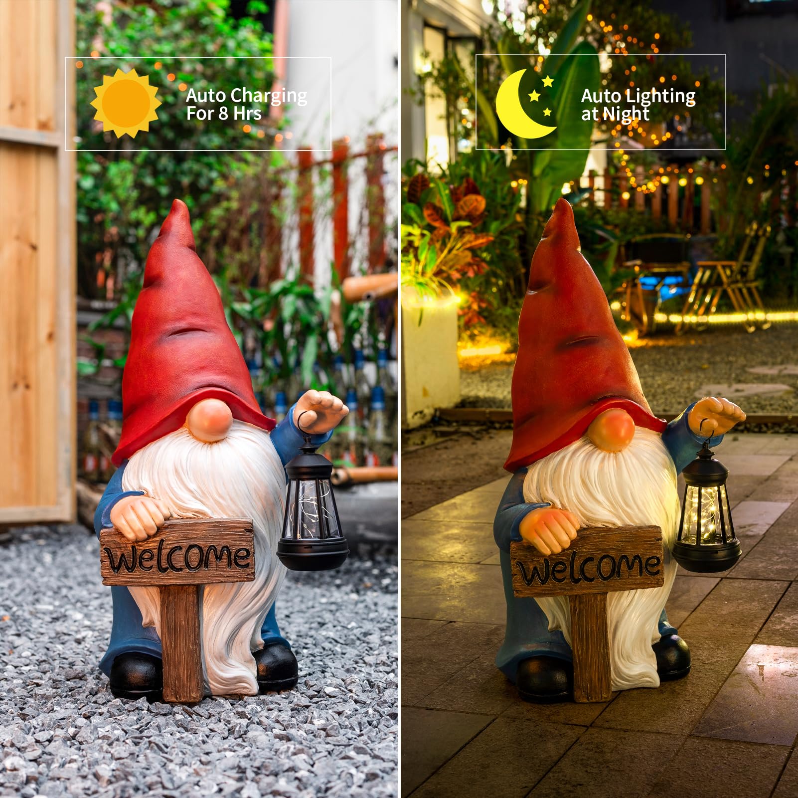Statua da giardino a energia solare, grande gnomo da 56 cm, con cartello di benvenuto, decorazione per esterni con lanterna a LED, per casa, portico, cortile, patio, prato, ornamento