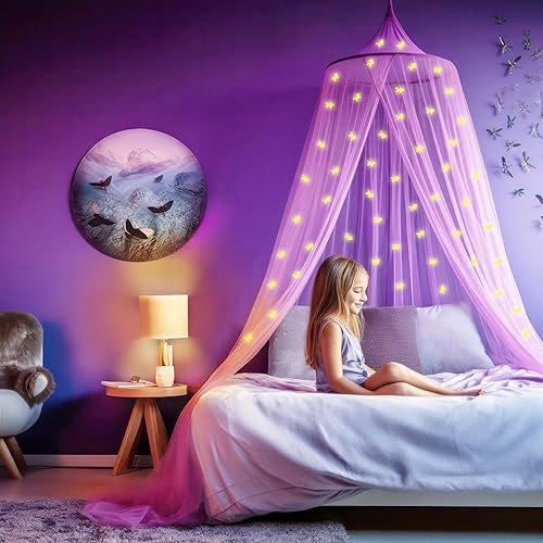 Vista 22 de Toldo morado para cama de niñas con estrellas prepegadas que brillan en la oscuridad, decoración de habitación de mosquitera de princesa, tienda