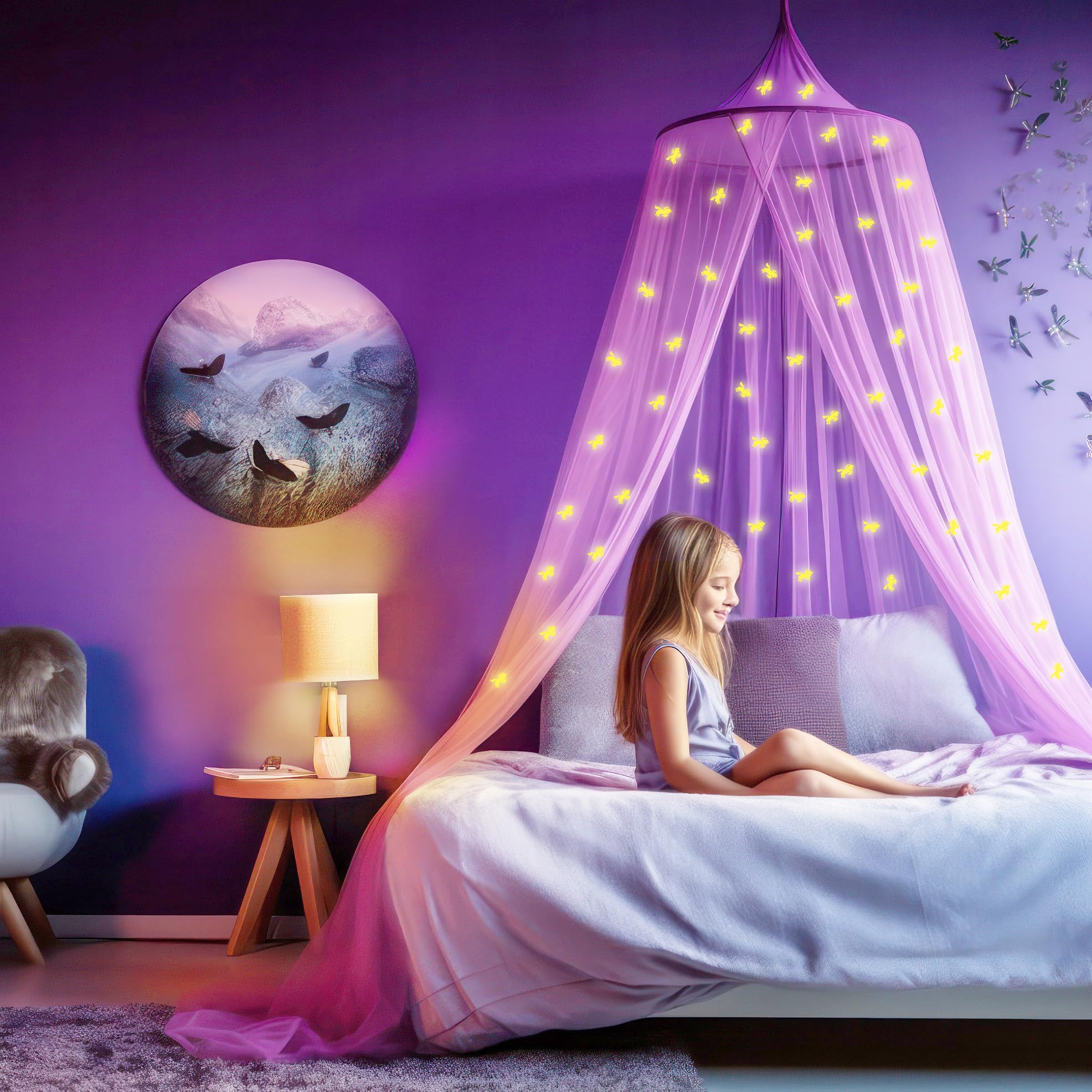 Purple Canopy for Girls Bed with Pre-Glued Glow in The Dark Unicorns, Princess Mosquito Net Room Decor - Image 2