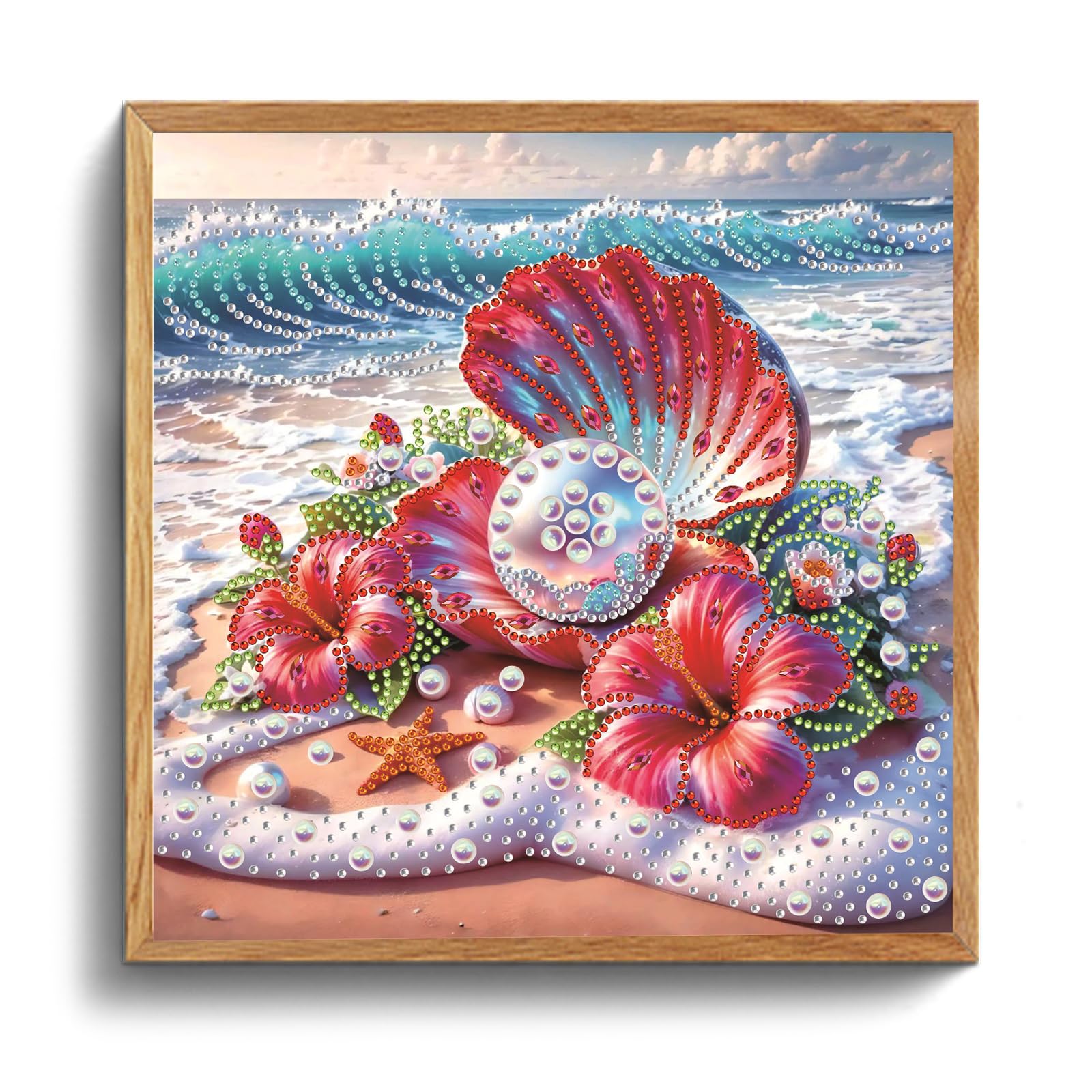 POETRYDRAW Beach Hibiscus Beaded 5D DIY Diamond Art Kit 11.81 x 11.81 inch for Adults & Beginners Home Decor Gem Art