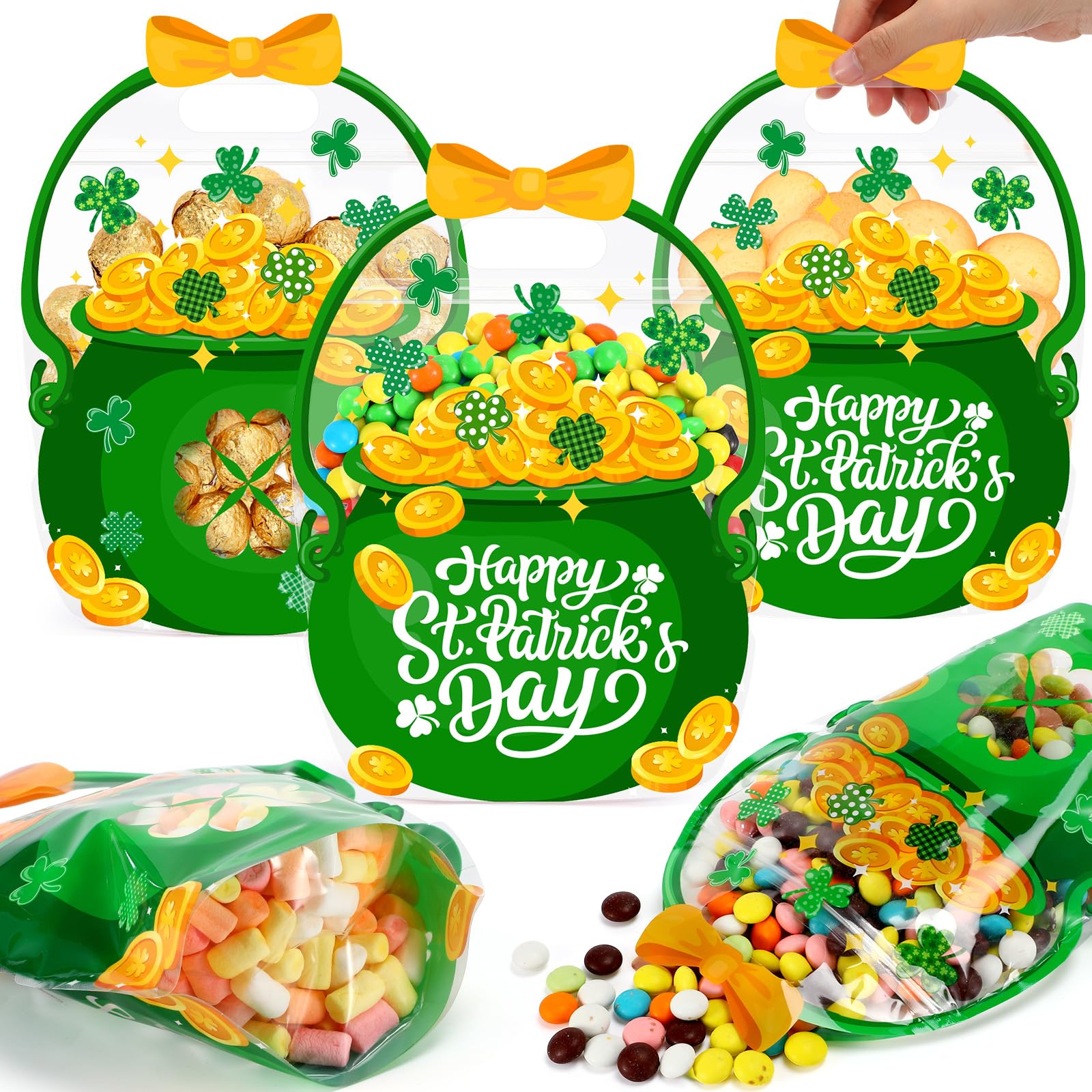 Fuutreo 25 Pcs St. Patrick's Day Gift Bags Green Cauldron Plastic Pouches with Handles Lucky Shamrocks Goodies Bags for Irish Holiday Party Candy Gift Wrapping Supplies Decoration(Green Cauldron) — image 1
