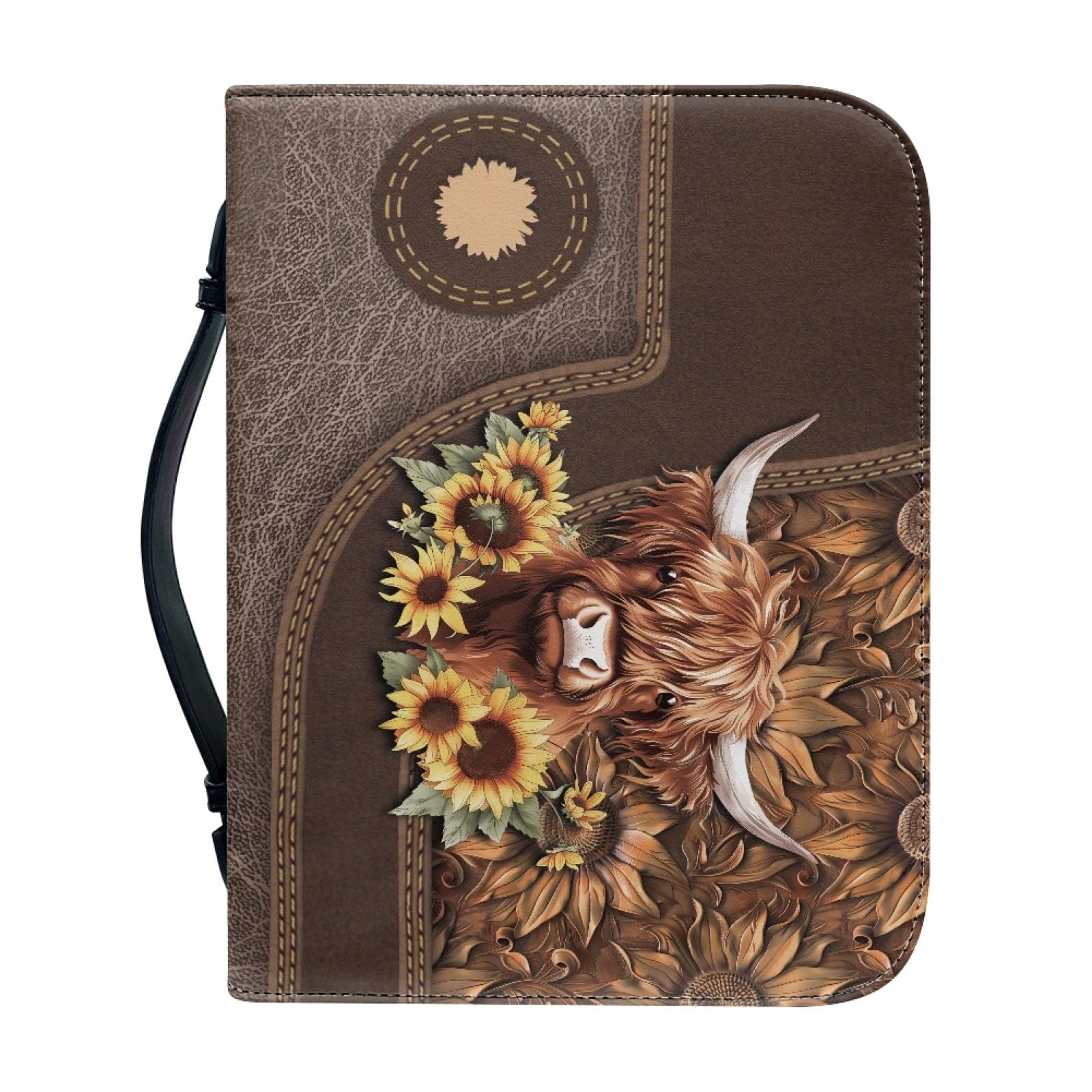 Kuiaobaty Highland Cow Sunflower Book Sleeve for Bible, Novel, Notebook, PU Leather Book Cover Case with Inside Pen Pocket, Book Protector for Bookish Gifts, Brown L
