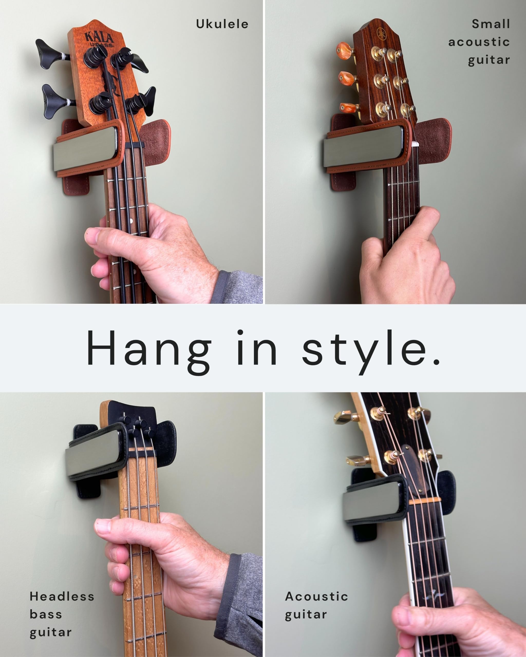 Noisy Clan Taylor - Colgador de pared para guitarra, acero cromado negro con acolchado de cuero, diseño minimalista