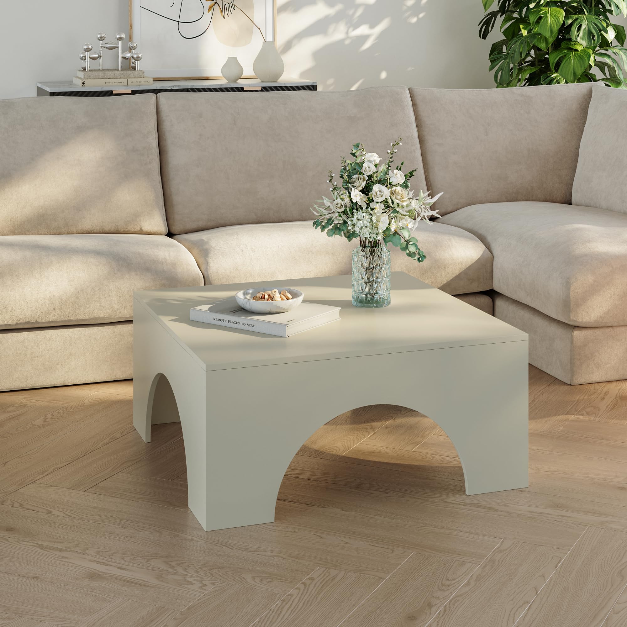 [en.casa] Tavolino da Salotto con Piano Quadrato Tavolo Basso Centrale da Caffè con Struttura ad Archi 80 x 80 x 37 cm per Soggiorno Studio - Colore Sabbia