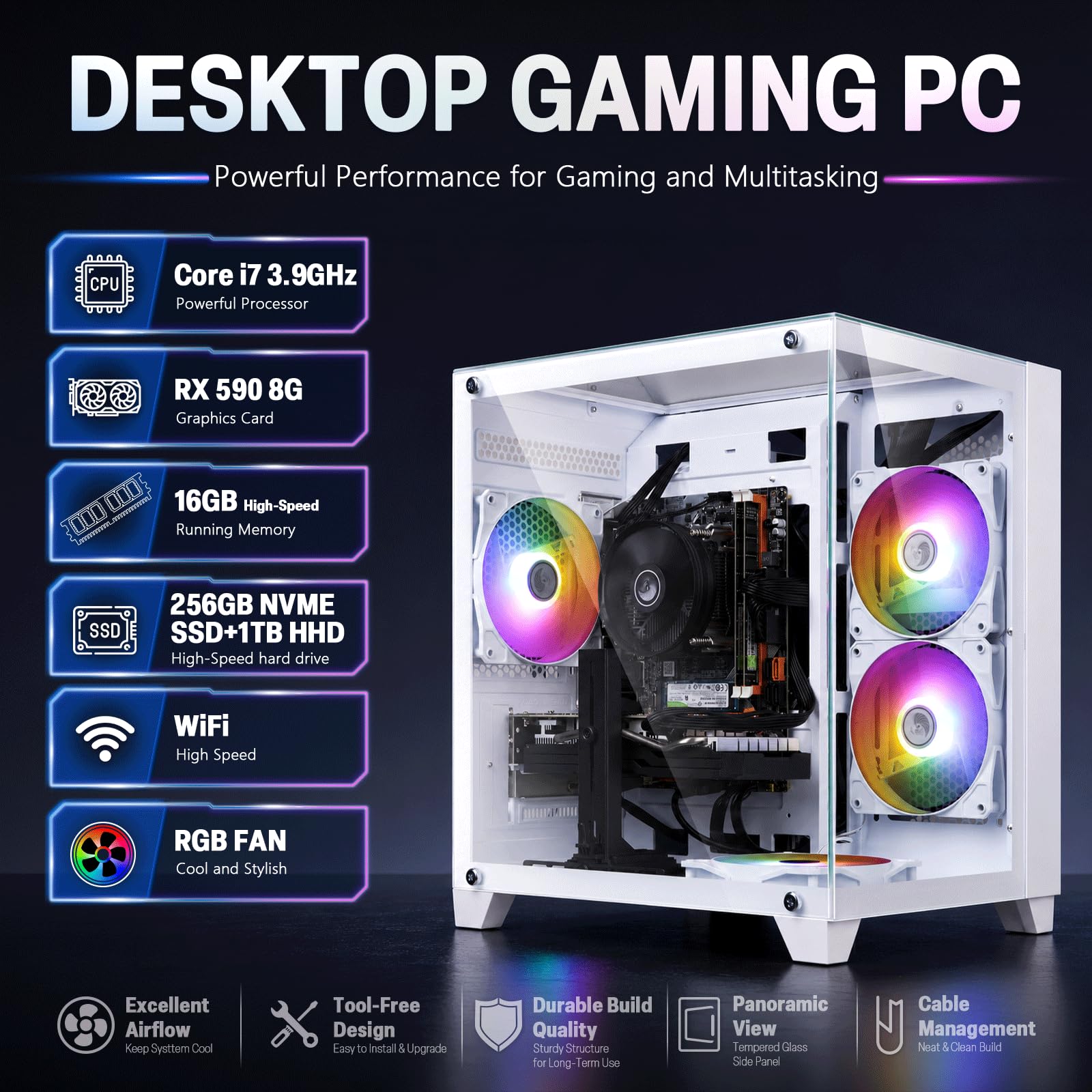 ZER-LON Computer desktop PC da gioco, Intel Core I7 fino a 3,9 GHz, RX 590 8G