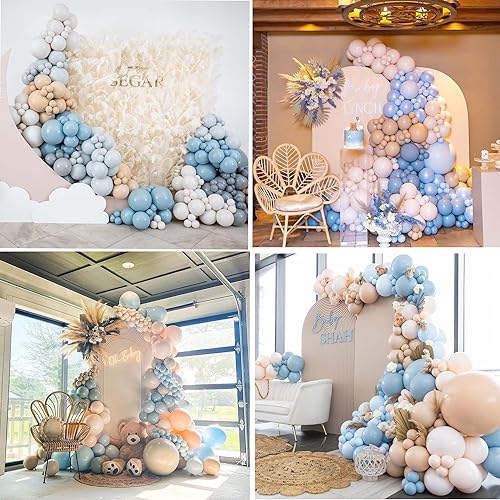 Miniatura 6 de Kit de arco de 175 globos de color azul polvoriento para bebé, globos beige neutro, globo de doble relleno nude, bronceado, azul claro, albaricoque,