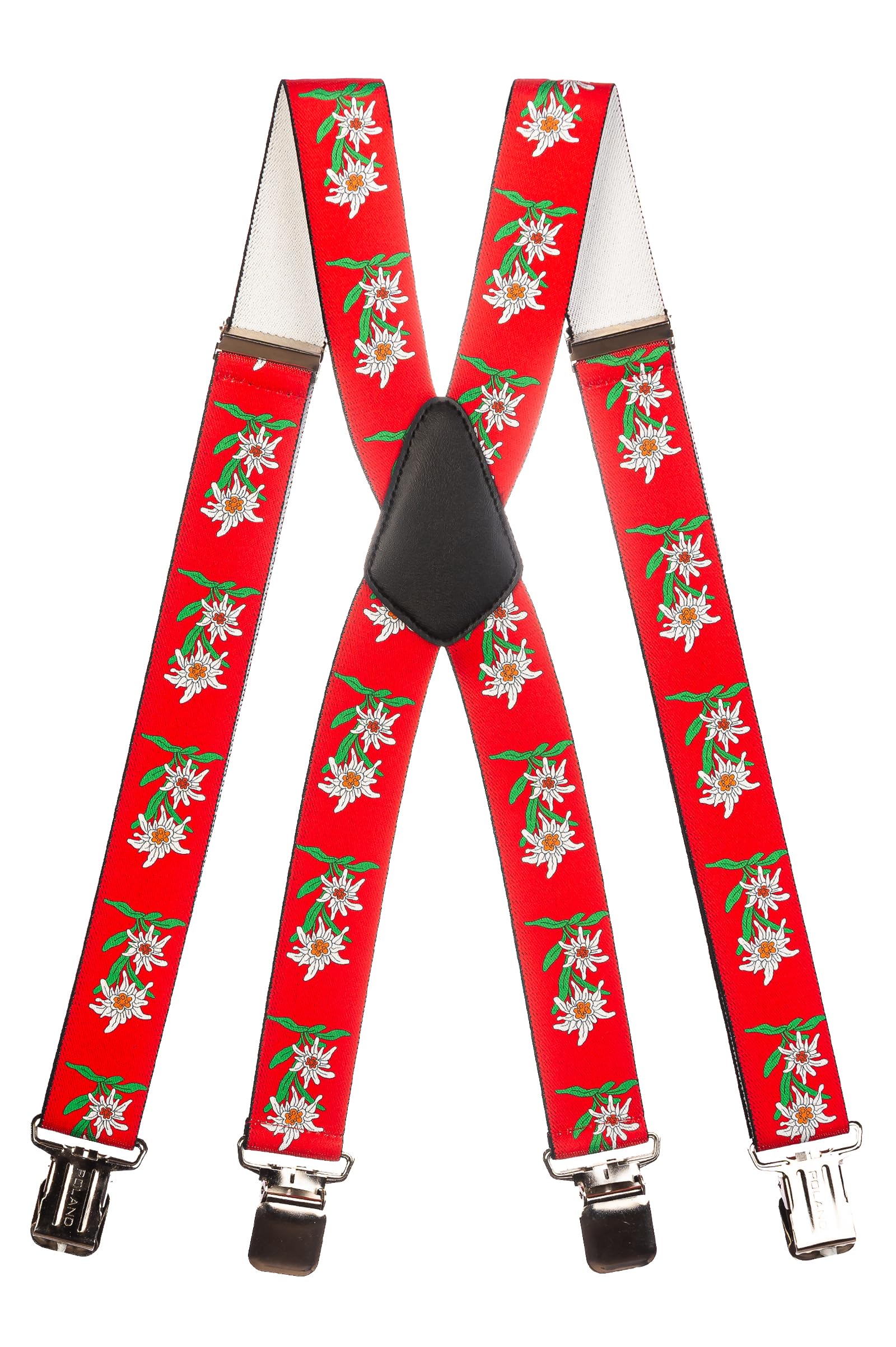 Olata Men’s Heavy-Duty X-Shape Braces/Suspenders with Edelweiss Pattern - 2.5cm. Red