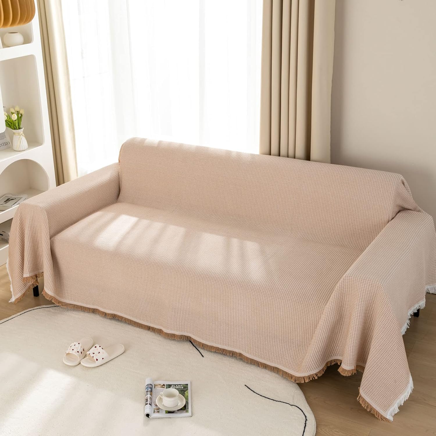 LHGOGO Waffle Sofa Throws Large 3 Seater Woven Sofa Throw Blanket with Tassels Reversible