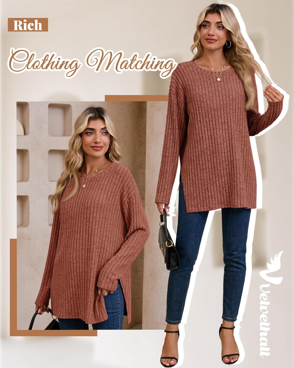 Oversized Sweaters for Women Lightweight Long Sleeve Crew Neck Ribbed Side Slit Loose Fall Top Pullover - Image 4