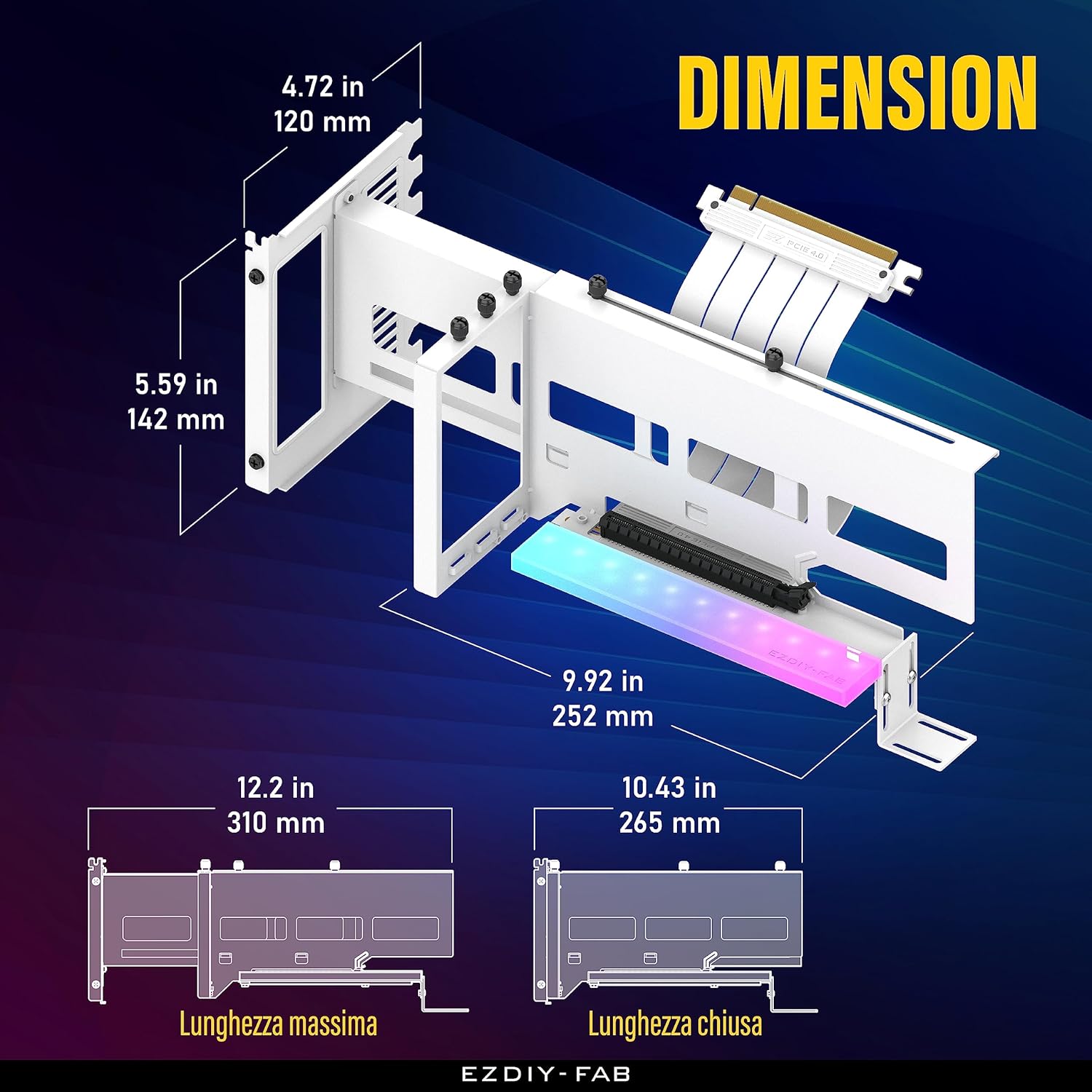 EZDIY-FAB Supporto Verticale per GPU PCIe 4.0 con Modulo LED ARGB 5V 3Pin,kit di Supporto per Schede Video con Cavo Riser Bianco PCIe 4.0 X16 Gen4 da 17cm/6,69inch ad Angolo Retto di 90 Gradi-Bianco