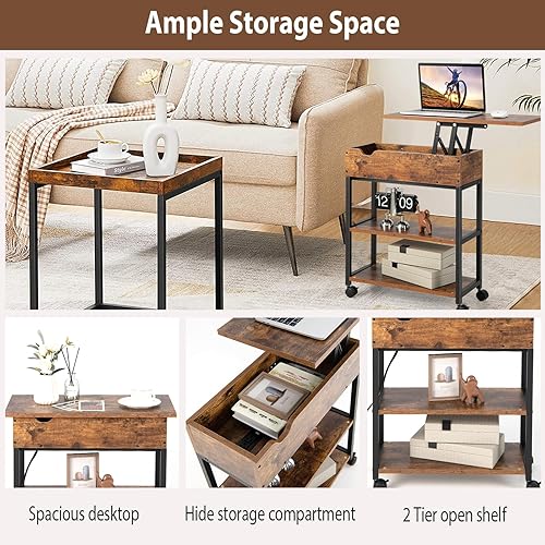 Miniatura 5 de POWERSTONE Mesa auxiliar con estación de carga, mesa auxiliar abatible con puertos USB y tomacorrientes, mesita de noche rústica con estante de