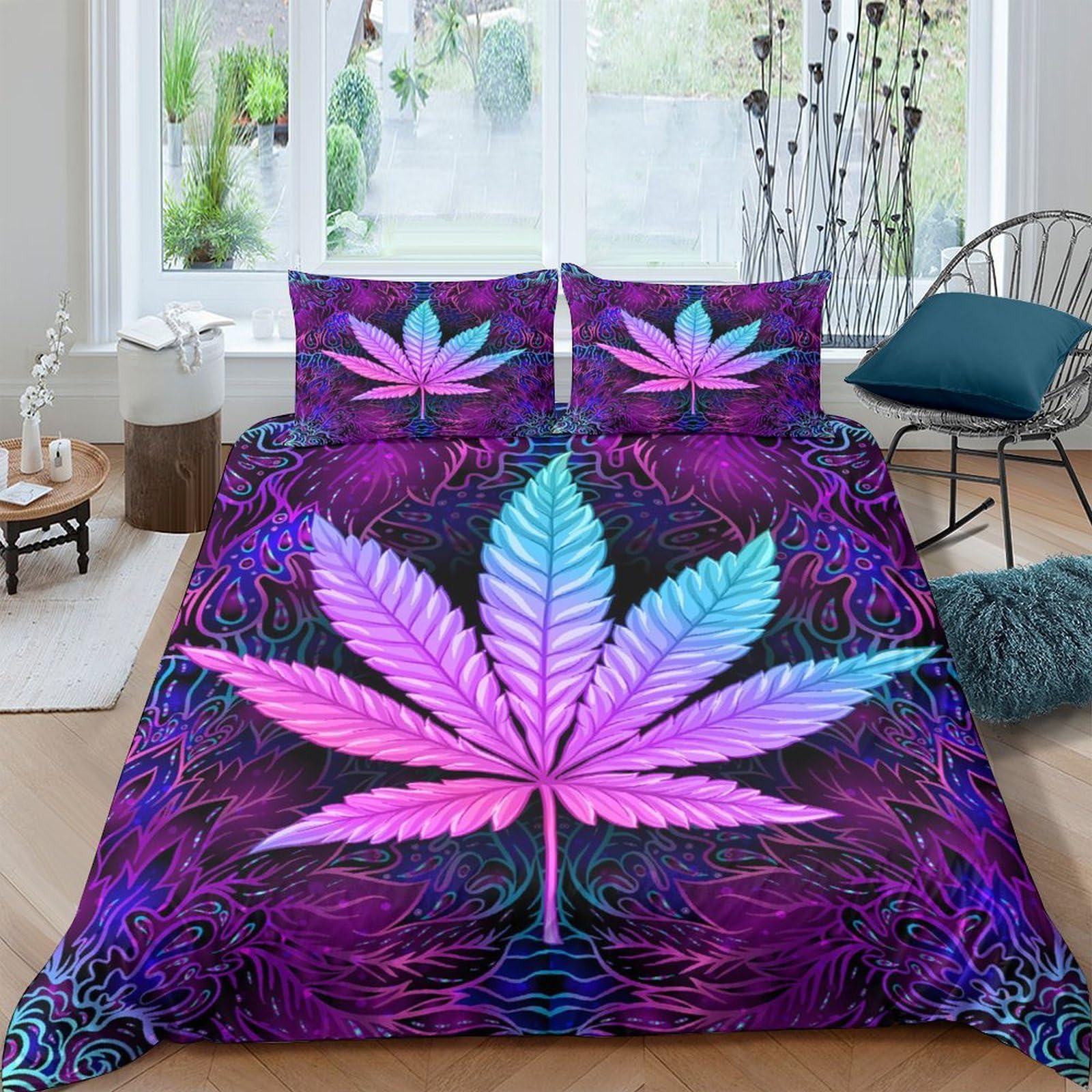 GPLZQXKJNH 3D Printed Purple Blue Leaf Duvet Cover Microfiber Soft Breathable Gradient Cannabis Bedding Set with 2 Pillowcases for Bedroom Home Decor Single（135x200cm）
