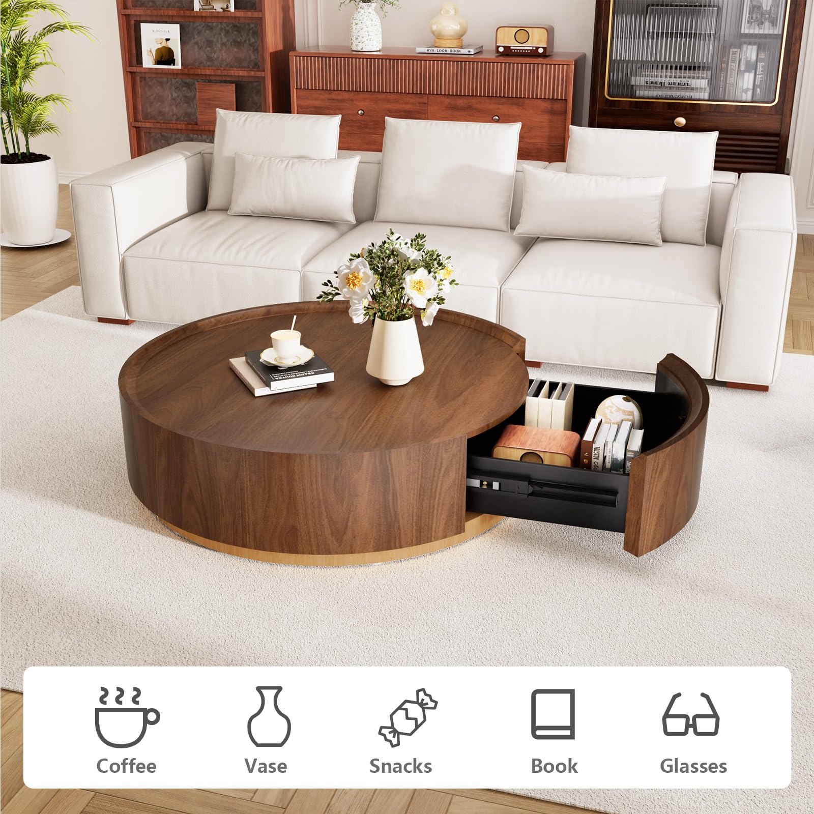 Table Basse Ronde De 90 Cm avec Tiroir, Tables Centrales Modernes De Luxe avec Rangement, Table Basse D'appoint pour Salon, Chambre, Appartement, Bureau – Noyer