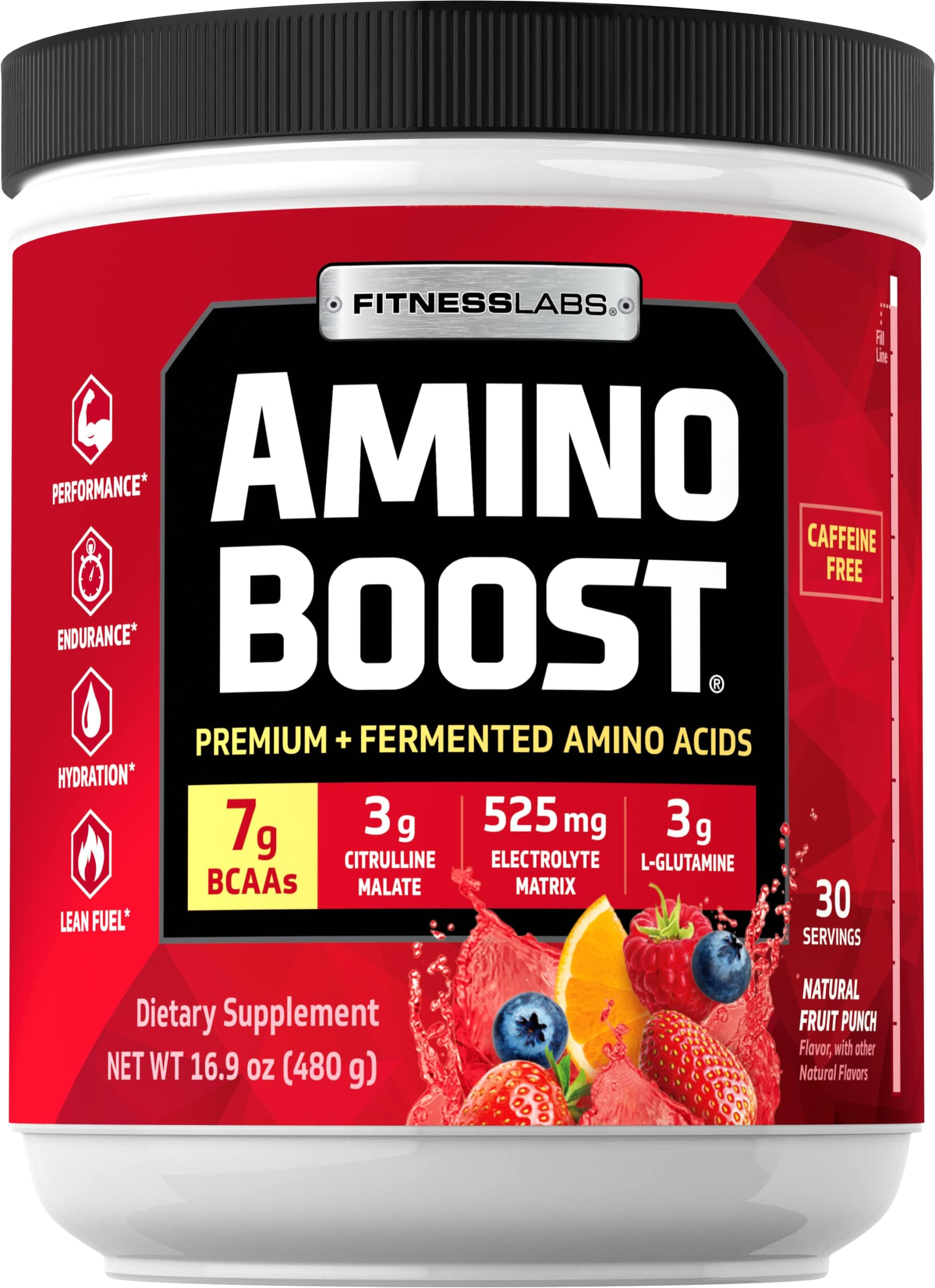 Fitness Labs Amino Boost Fermented BCAA Powder Drink - 7g BCAAs, 3g Citrulline Malate, 3g L-Glutamine Plus Electrolytes - Build Muscle, Endurance, Hydration, Recovery* (30 Servings, Fruit Punch)