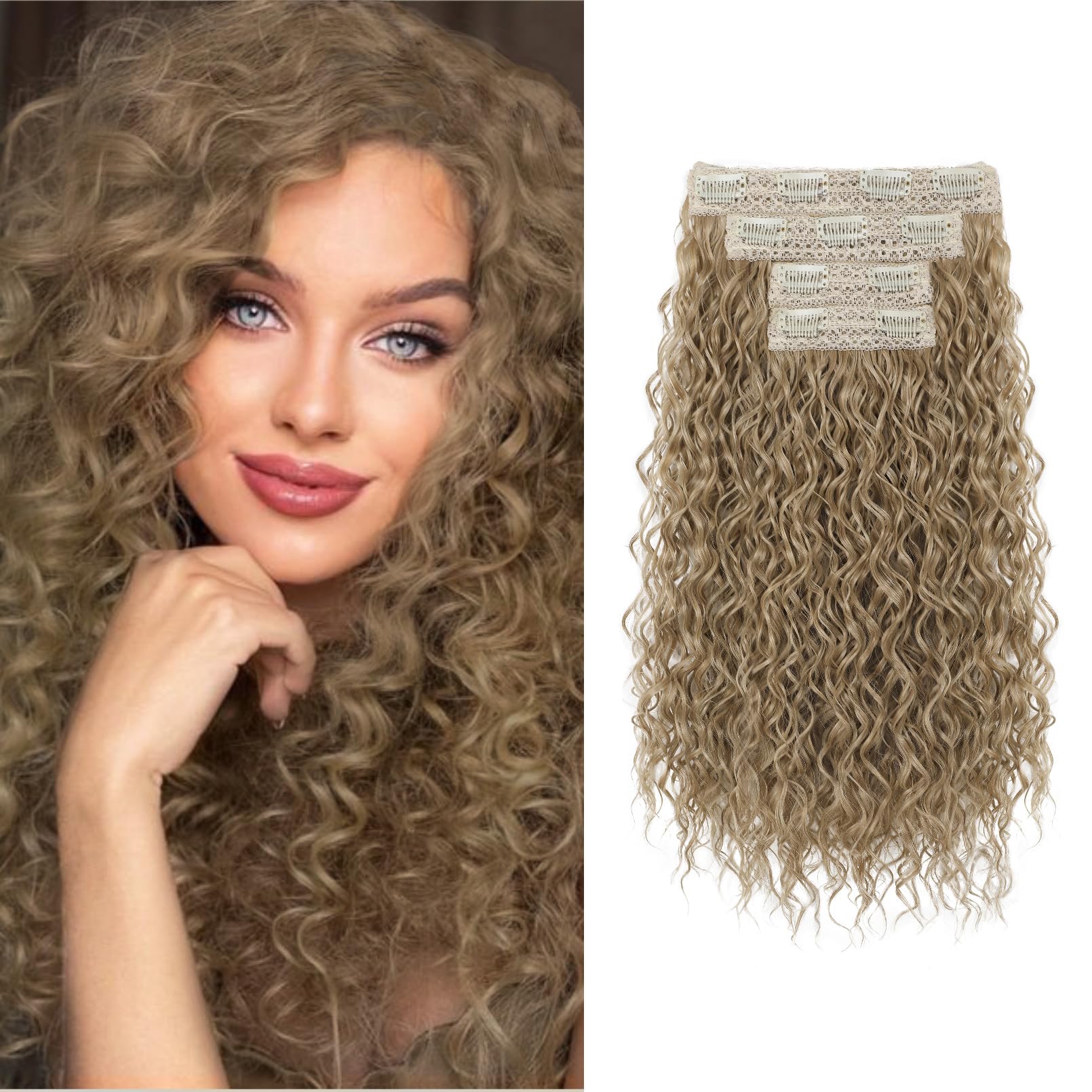 Clip-in Hair Extensions - 16" Short Curly Hairpieces, 4PCS Invisible Lace Weft, Natural Soft for Women - Lightest Cool Beige Blonde