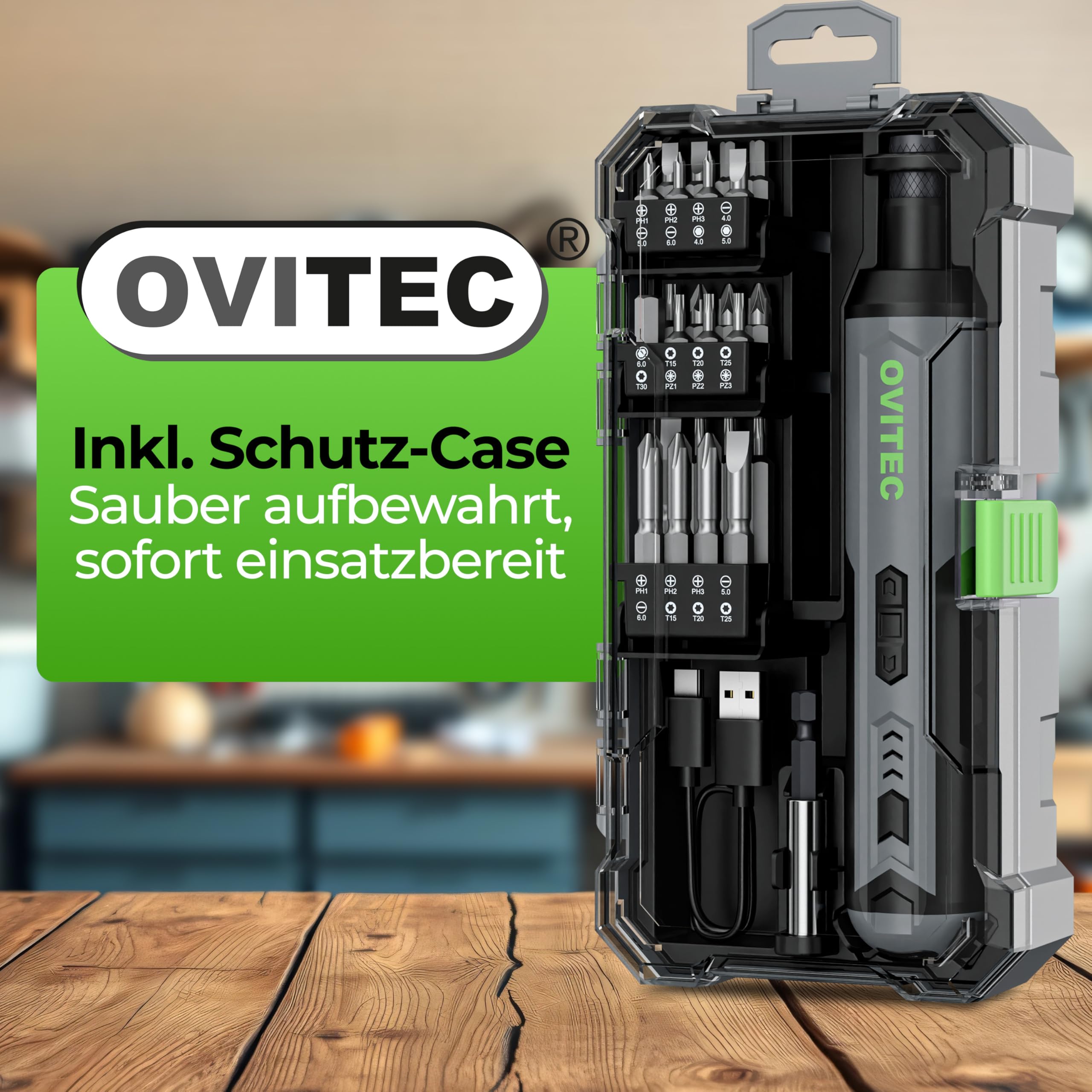 Elektrischer Schraubendreher Akkuschrauber Set | 3.7V | 2000mAh | quick release Funktion inkl. 16-teiligem Bit-Set und USB-C-Kabel