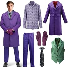 6PCS Knight Costume Adult Men Purple Pant Suit Halloween Cosplay Outfit | Purple Coat, Pants, Shirt, Green Vest, Gloves, Neck Tie, Fancy Dress, Zipper & Button, Smooth Fabric, for Role Play Party