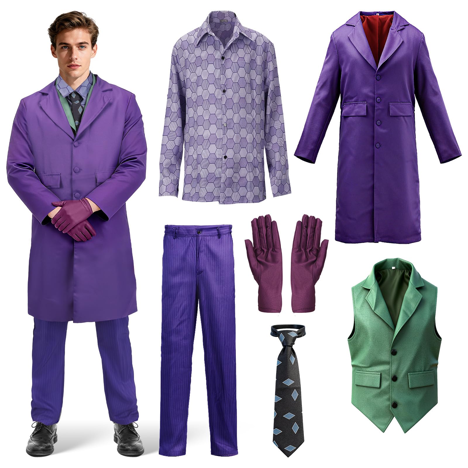 Dacnod Clown Costume for Adult 7Pcs Clown Cosplsy Outifits Purple Suit Coat Tie Pants Gloves Vest Shirt Halloween Party Cosplay Accessories