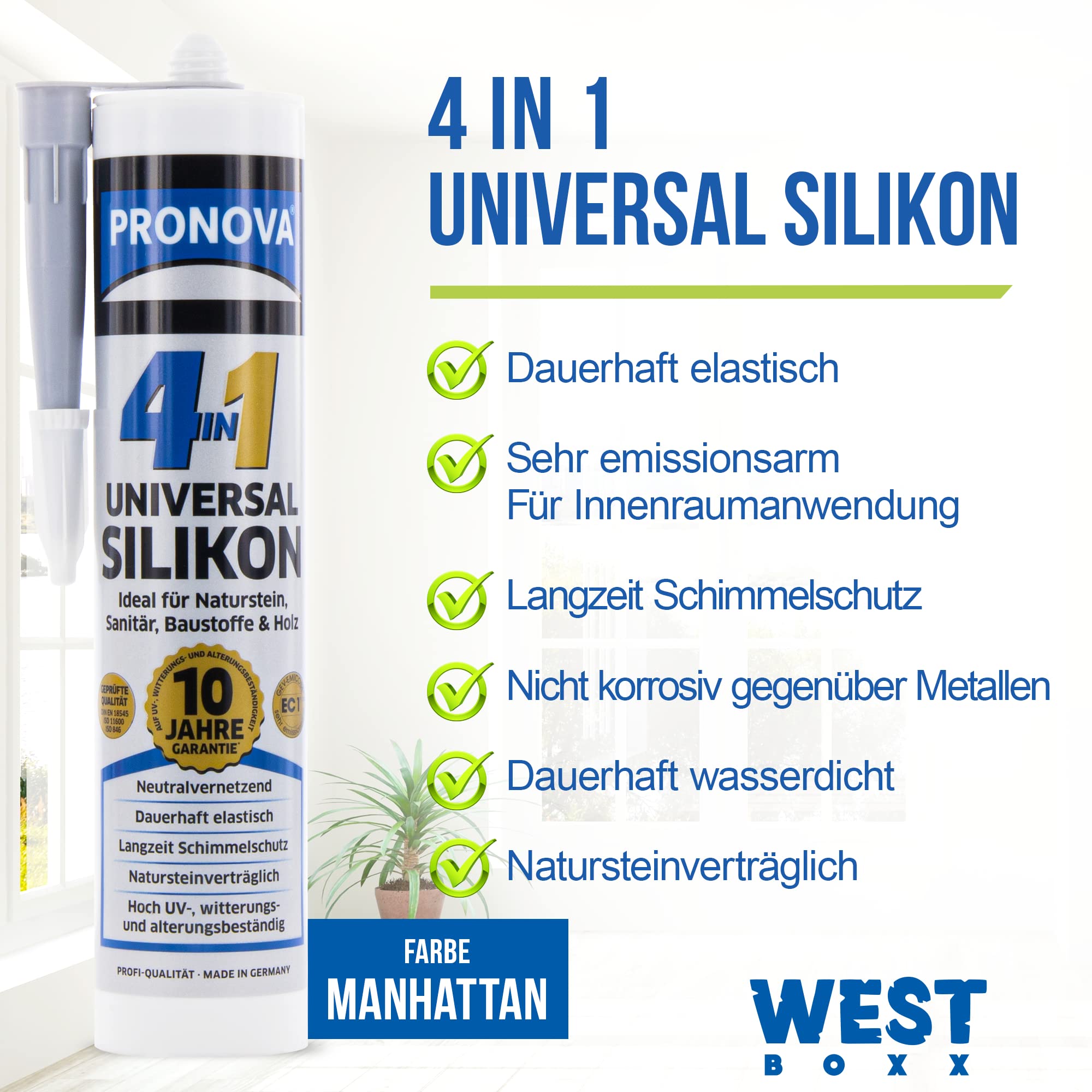 Set aus 6x Pronova 4 in 1 Silikon in Manhatten, Universal Silikon ideal für Sanitär, Naturstein & Holz für außen und innen