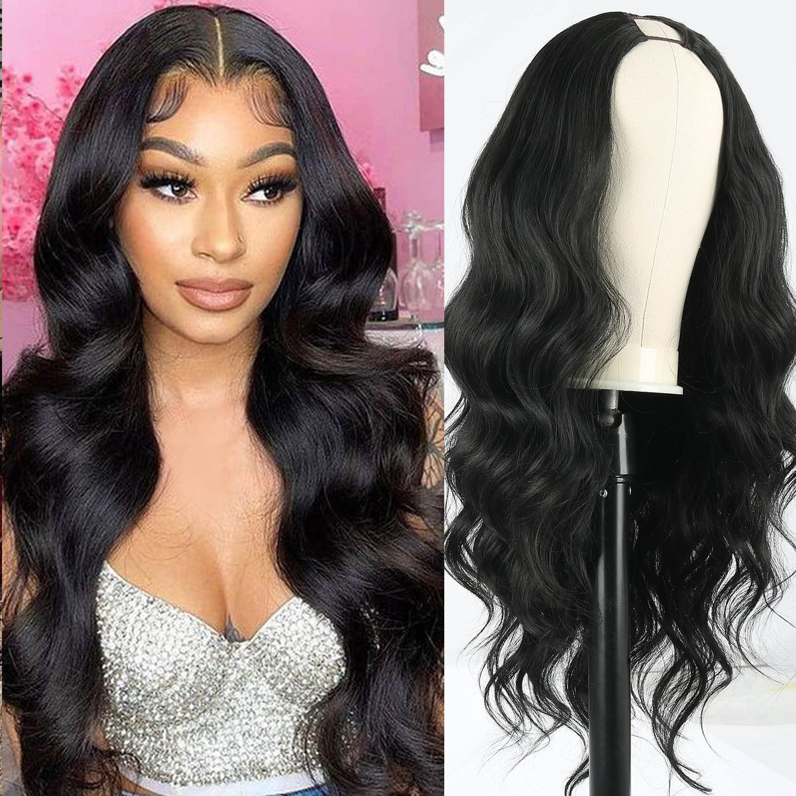 LEOSA V Part Wig Body Wave Hair Upgrade U Part Hair Wig for Black Women Glueless Full Head Clip In Half Wig V Shape Wigs No Leave Out Thin Part Wig Long Black Body Wave Closure Wig 24 Inch V Wig