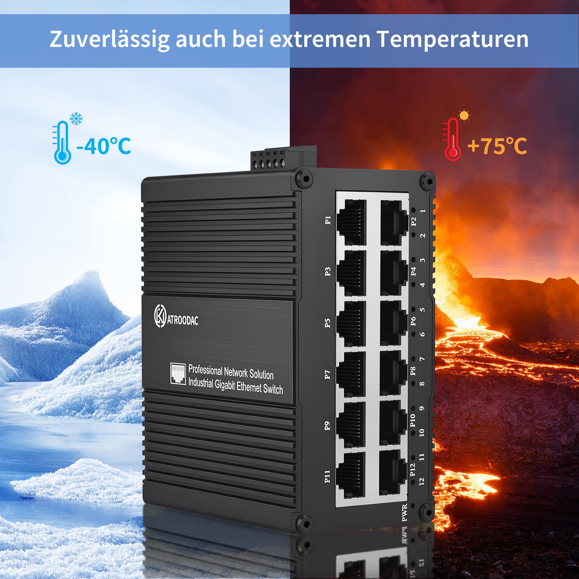 12-Port Gigabit Industrie DIN-Schiene & Wandmontage Ethernet Switch, 20Gbit/s Switching-Kapazität, 10/100/1000Mbps, Redundanz 9-56VDC, -40°C ~ 75°C, Unmanaged IP40, Metallgehäuse