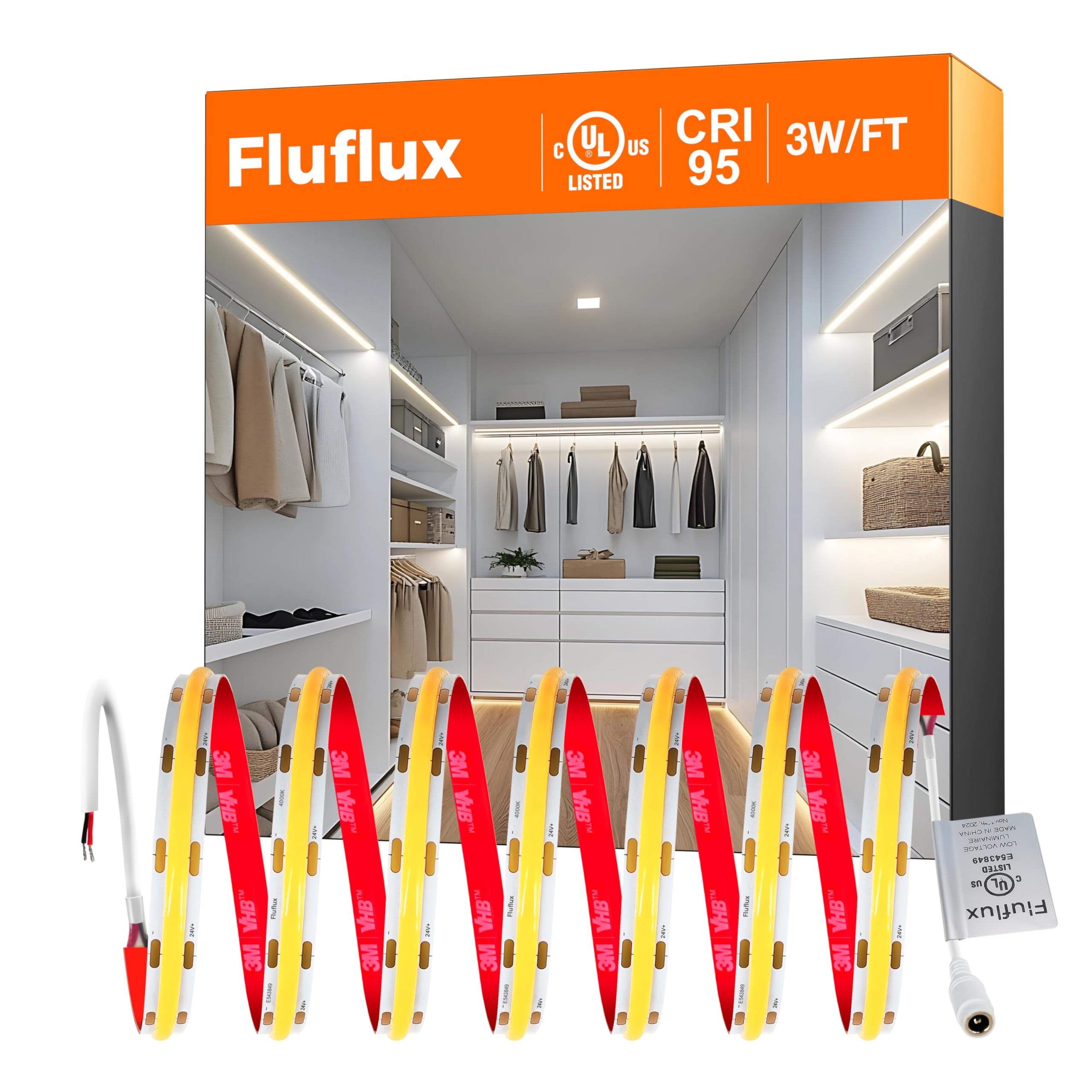 Taśma LED COB z naklejką VHB 16,4 m bez ciągłych kropek zimna biel 4000 K wysoki CRI 95 24 V DC 3 W/FT certyfikat UL lustro LED