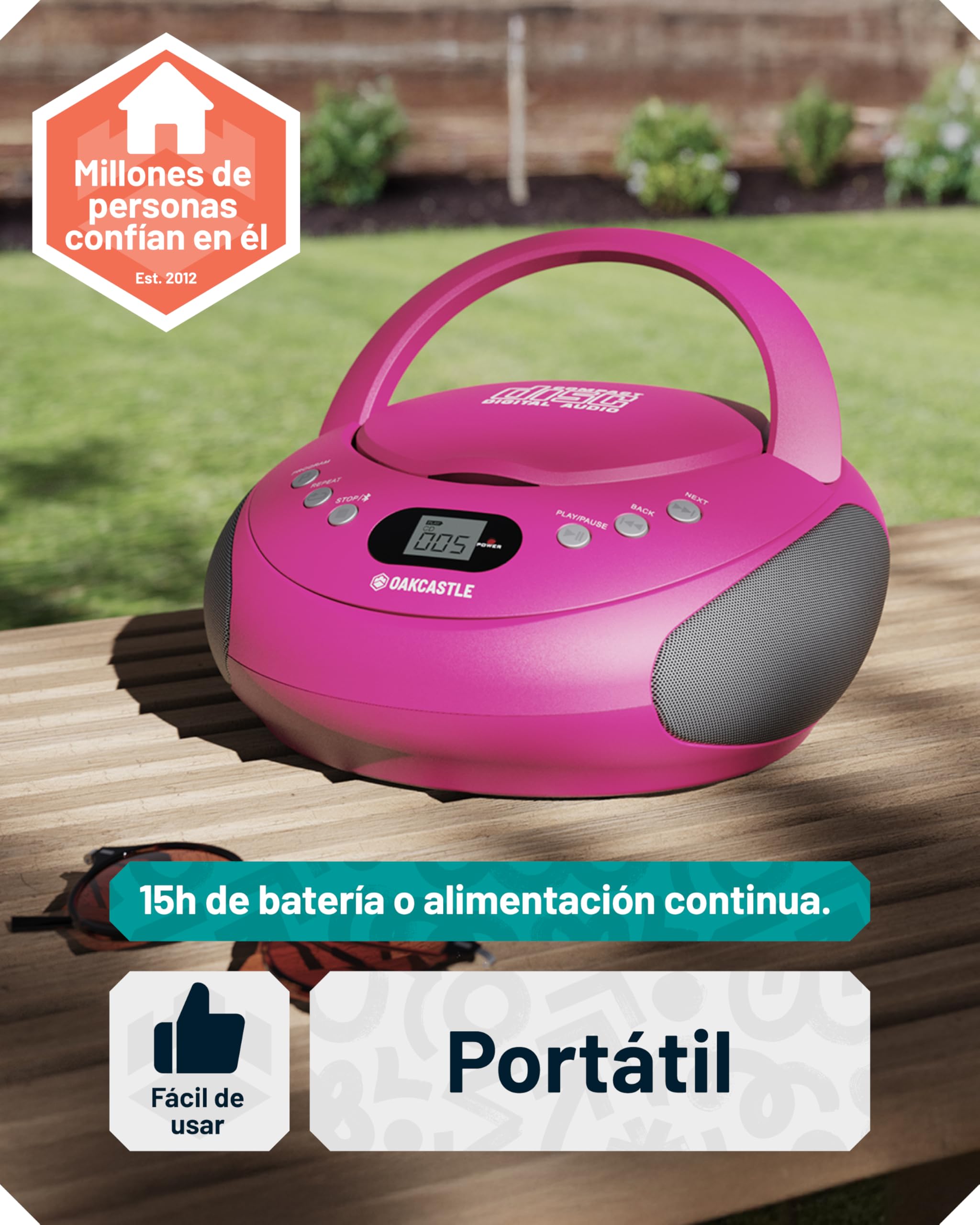 OAKCASTLE CD250 Boombox portátil con Bluetooth, Controles Sencillos, Reproductor de CD para niños, Reproductor de CD portátil con Radio FM, 30 ajustes de Radio, indicador LED (Rosa)