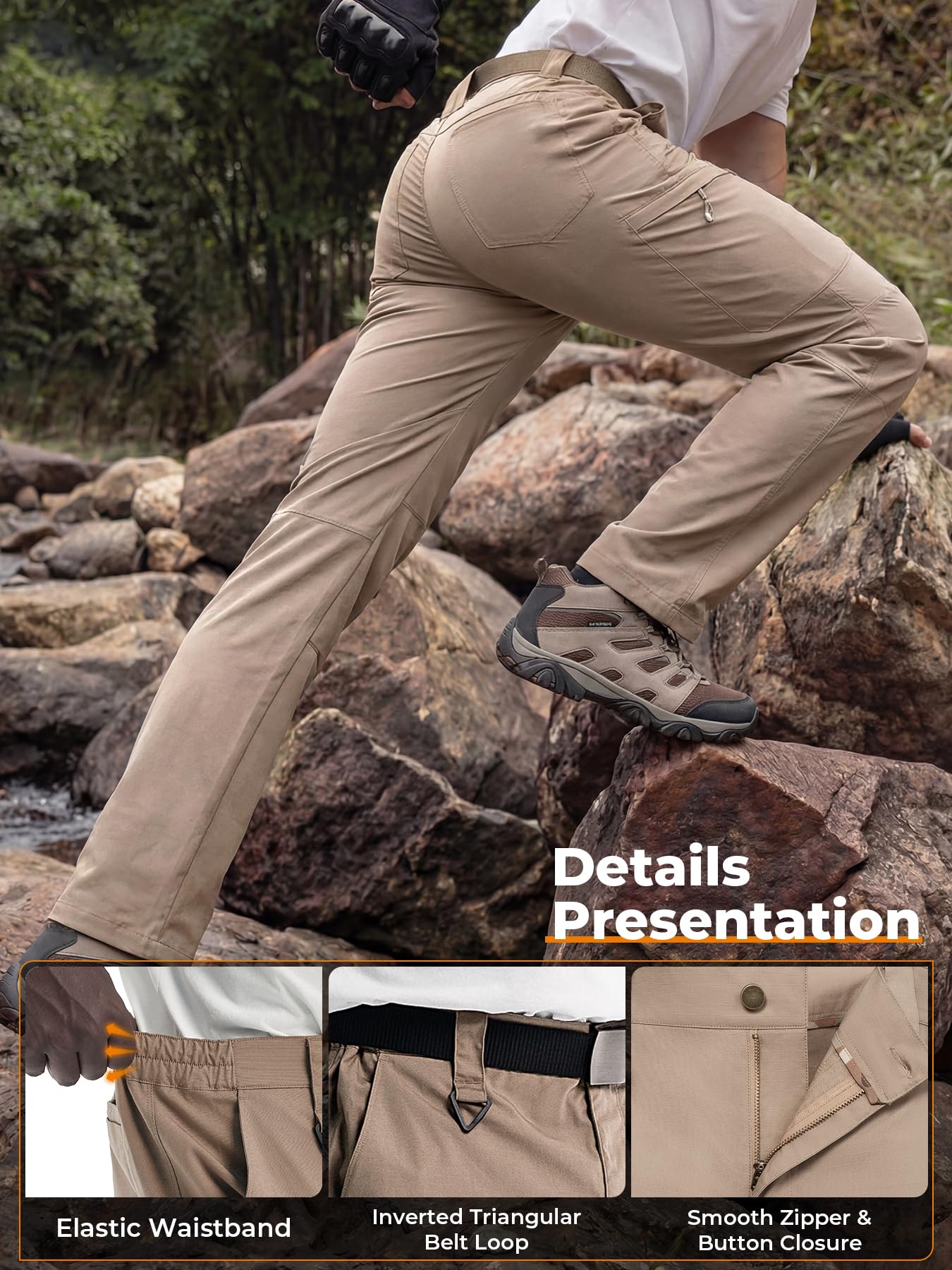 Pantalon tactique pour homme 7 poches Ripstop Cargo Pantalon de travail imperméable léger pour l'extérieur, la randonnée et la pêche