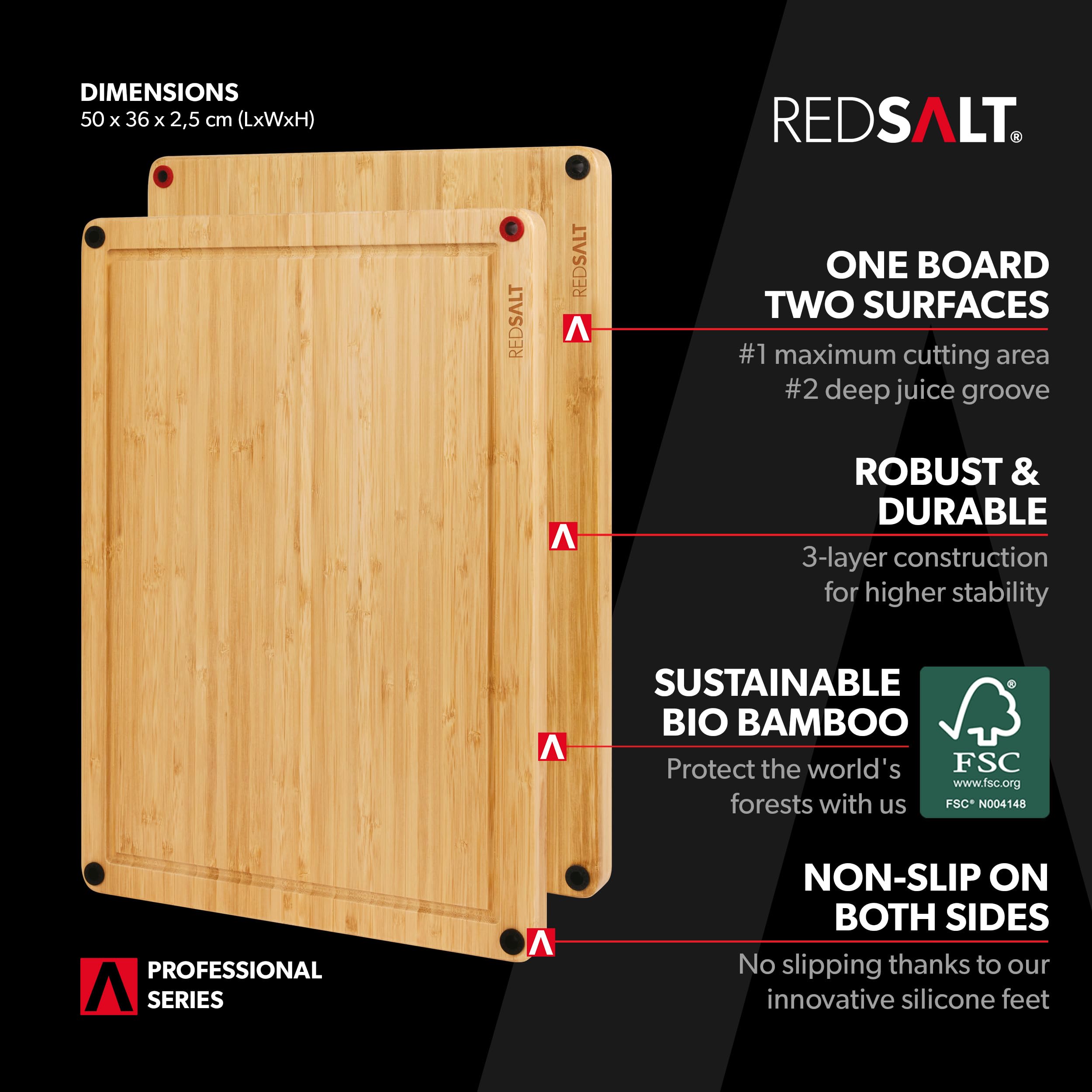 REDSALT Innowacyjna deska do krojenia z drewna bambusowego XL, 50 x 36 x 2,5 cm, antypoślizgowa, dwustronna, antybakteryjna, głęboki rowek na sok, drewniana deska premium do kuchni i grilla