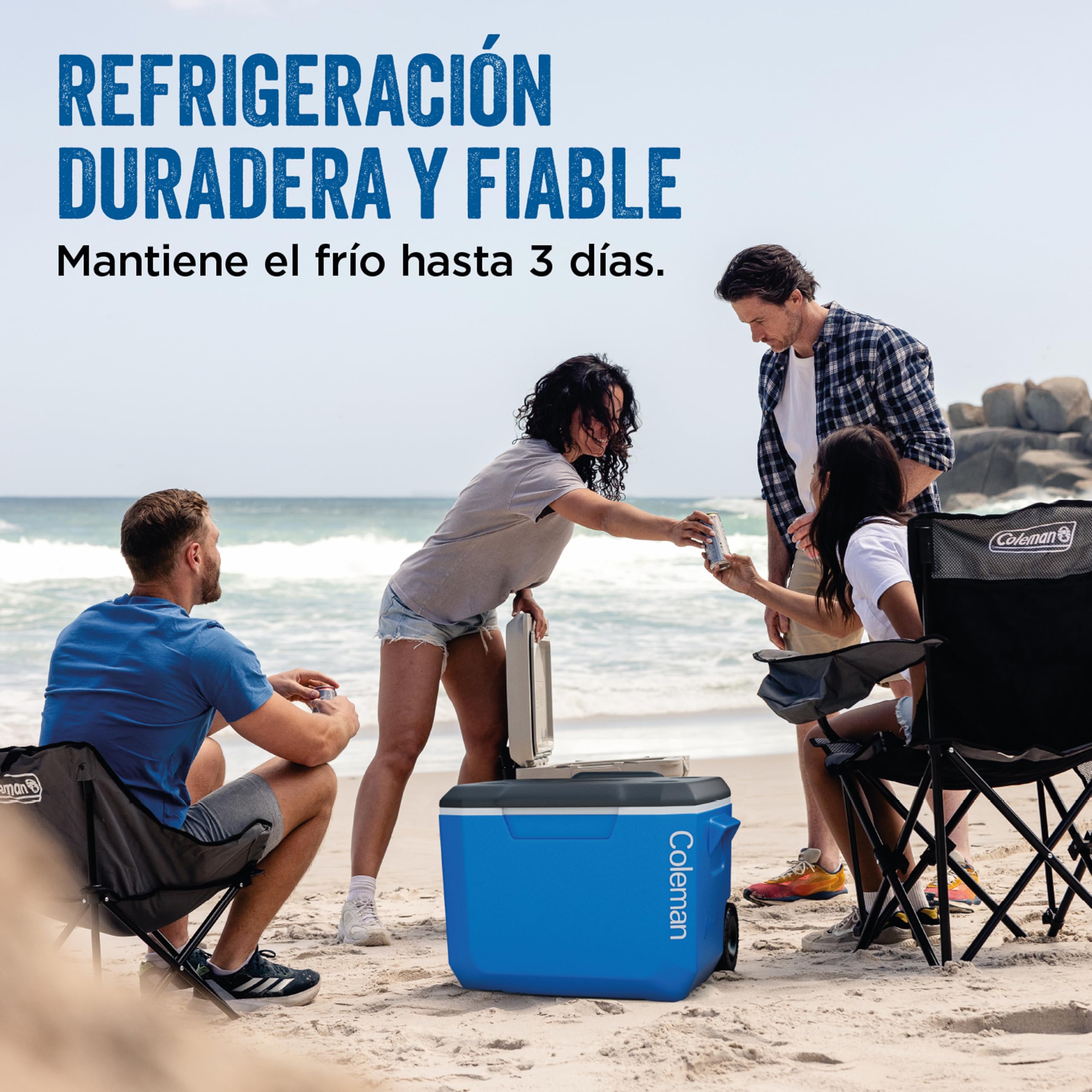 Coleman Performance Tri-Colour 60QT Wheeled Cooler Box | Nevera Portátil Rígida con Ruedas para Camping | 56 L, Azul/Blanco/Gris