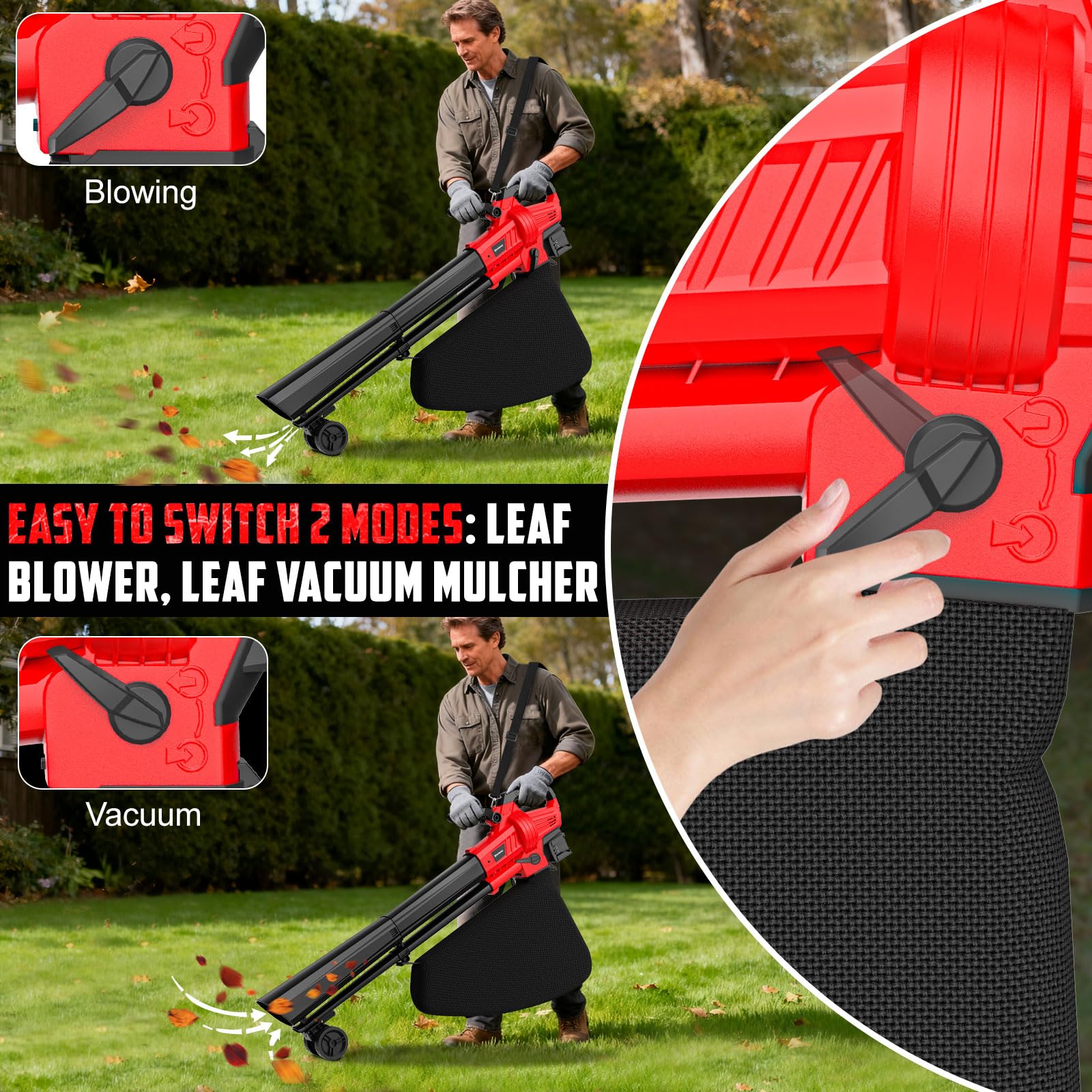 Aspirateur à feuilles 3 en 1 sans fil avec sac compatible avec batterie Milwaukee 18 V, broyeur de feuilles électrique et aspirateur à feuilles avec sac de 40 L, souffleur à feuilles portatif pour