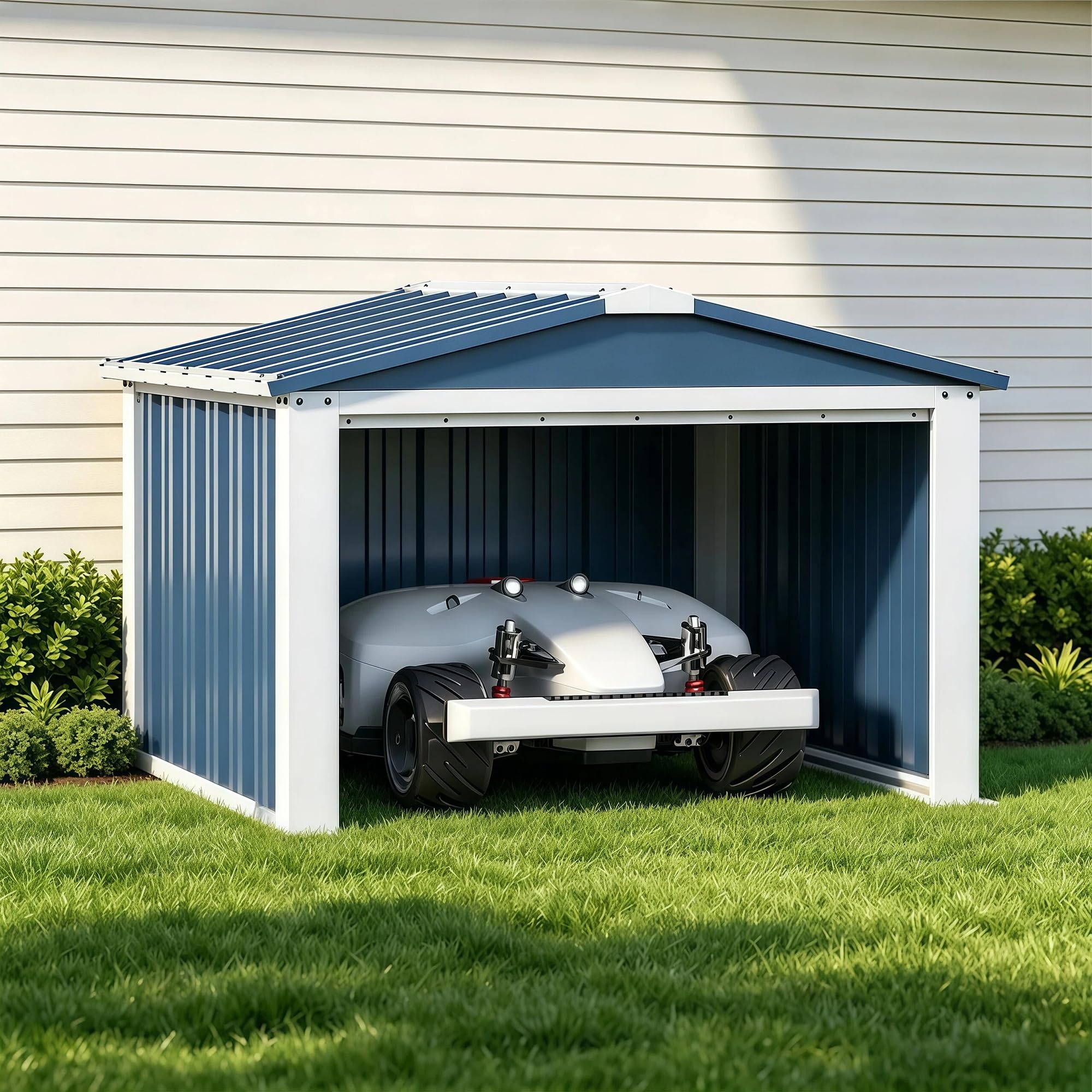 Metal Robot Mower Garage, 3 x 3 FT, Blue | Open-front steel shelter for robotic mowers; 33.07"D x 33.14"W x 24"H, blue finish, assembly required.