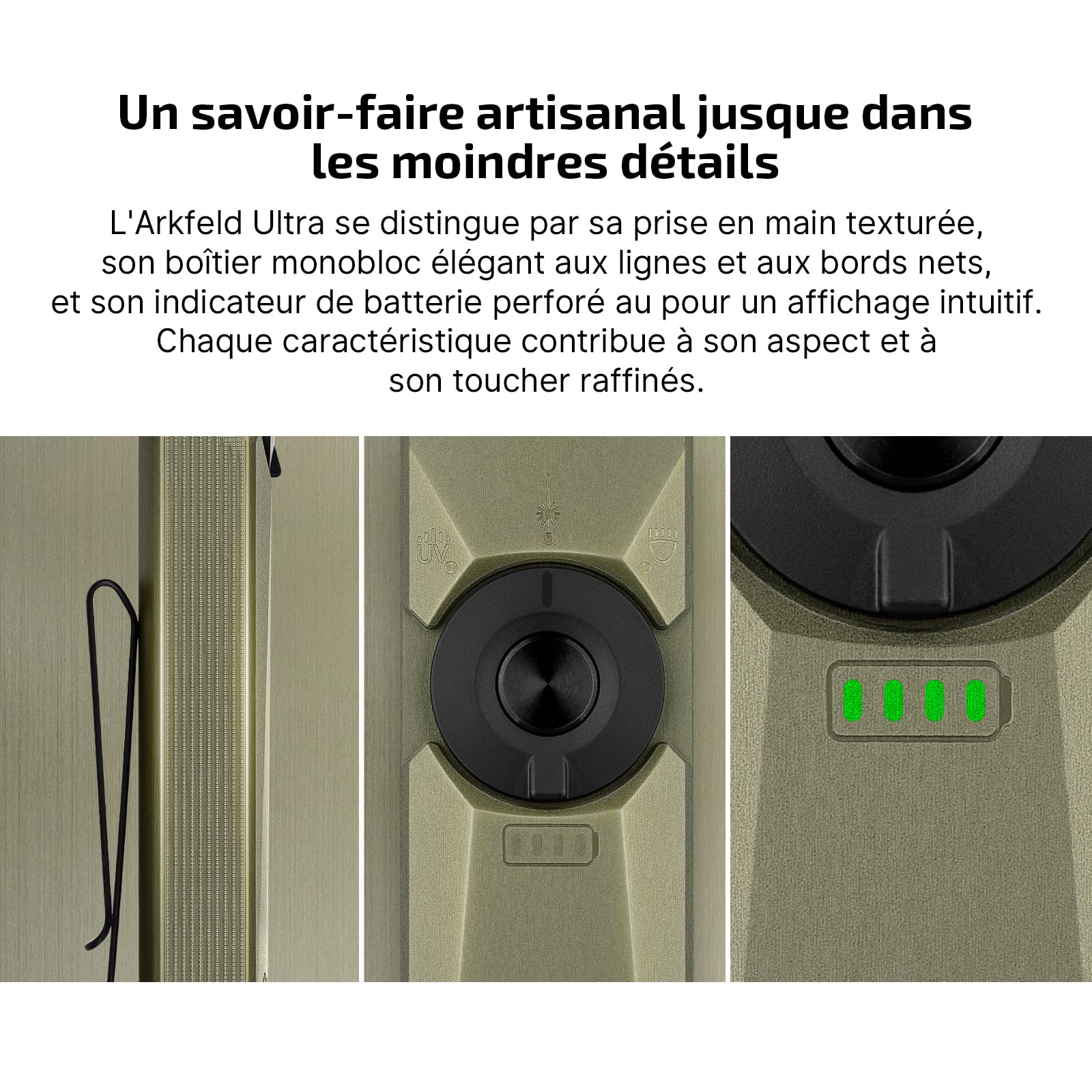 OLIGHT Arkfeld Ultra EDC Lampe Torche Plate 1400 Lumens Lampe de Poche Rechargeable Combinant LED Blanche UV et Faisceau Vert 3 Sources Parfaites pour La Vérification et Le Travail Vert
