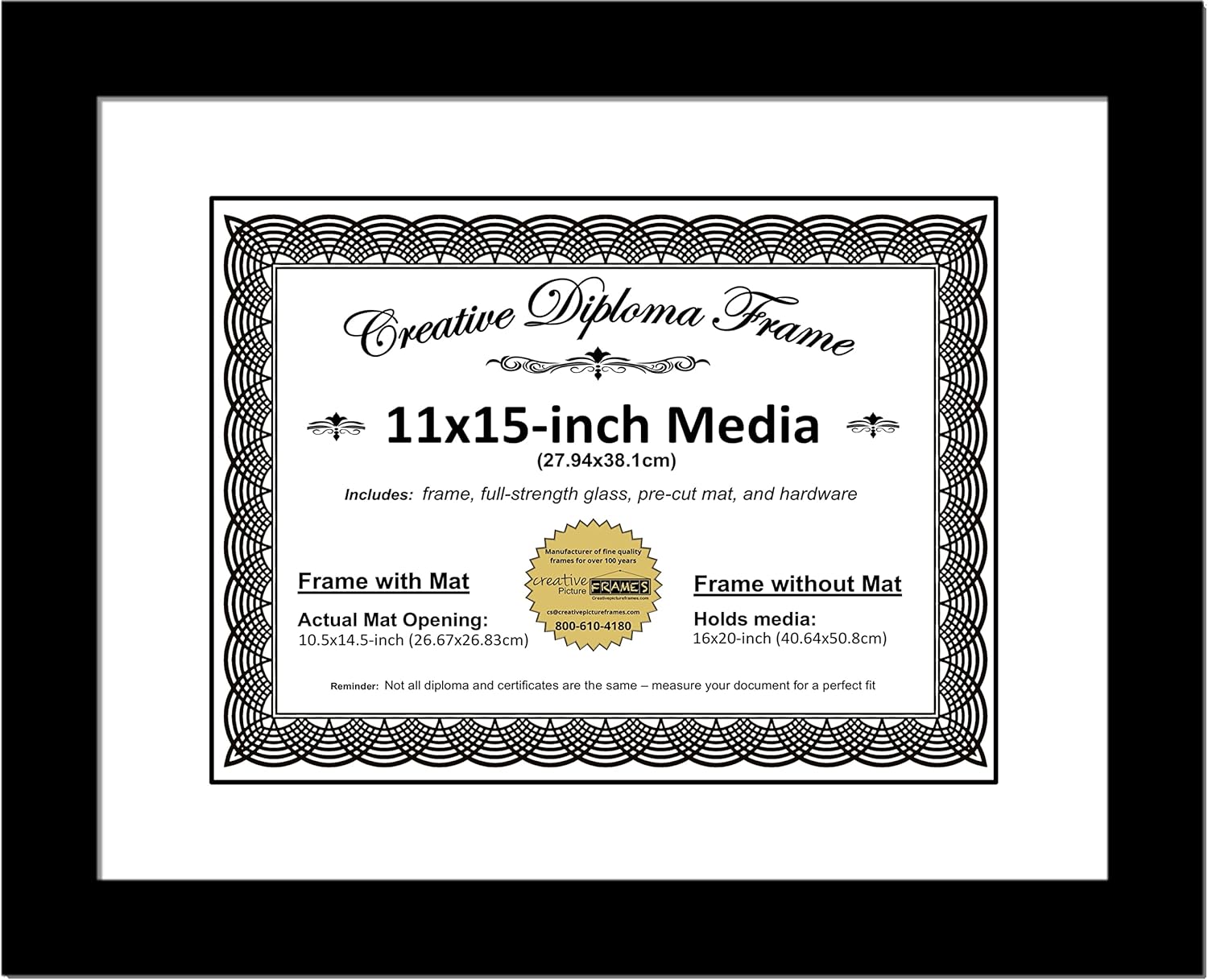 Creative Picture Frames 11x15 Modern Black Diploma Frame