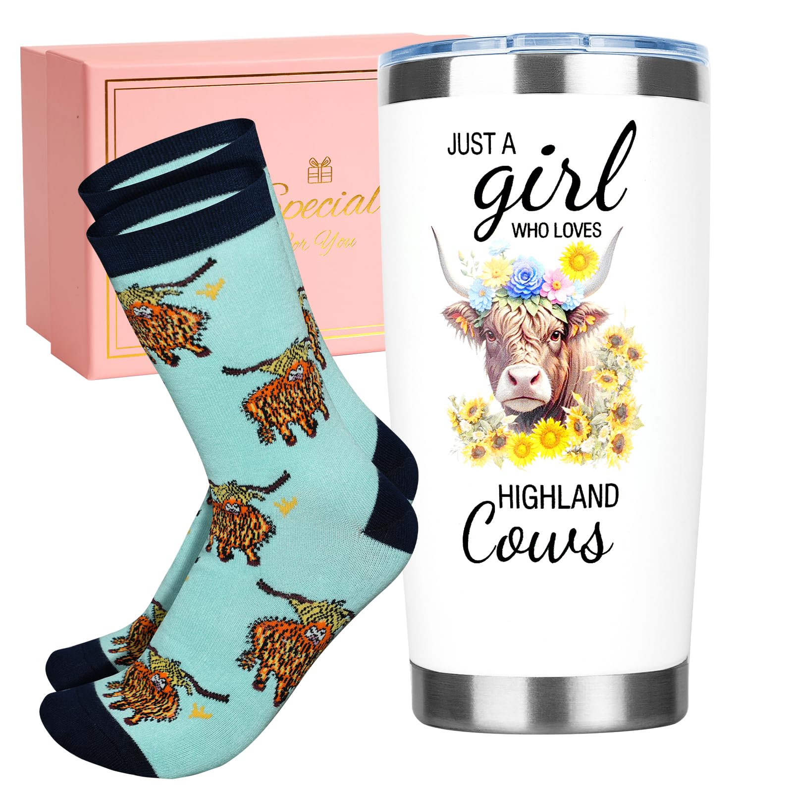 Highland Cow Gifts Set for Women, 20oz Cute Highland Cows Stainless Steel Tumbler for Hyland Cow Lovers Girls