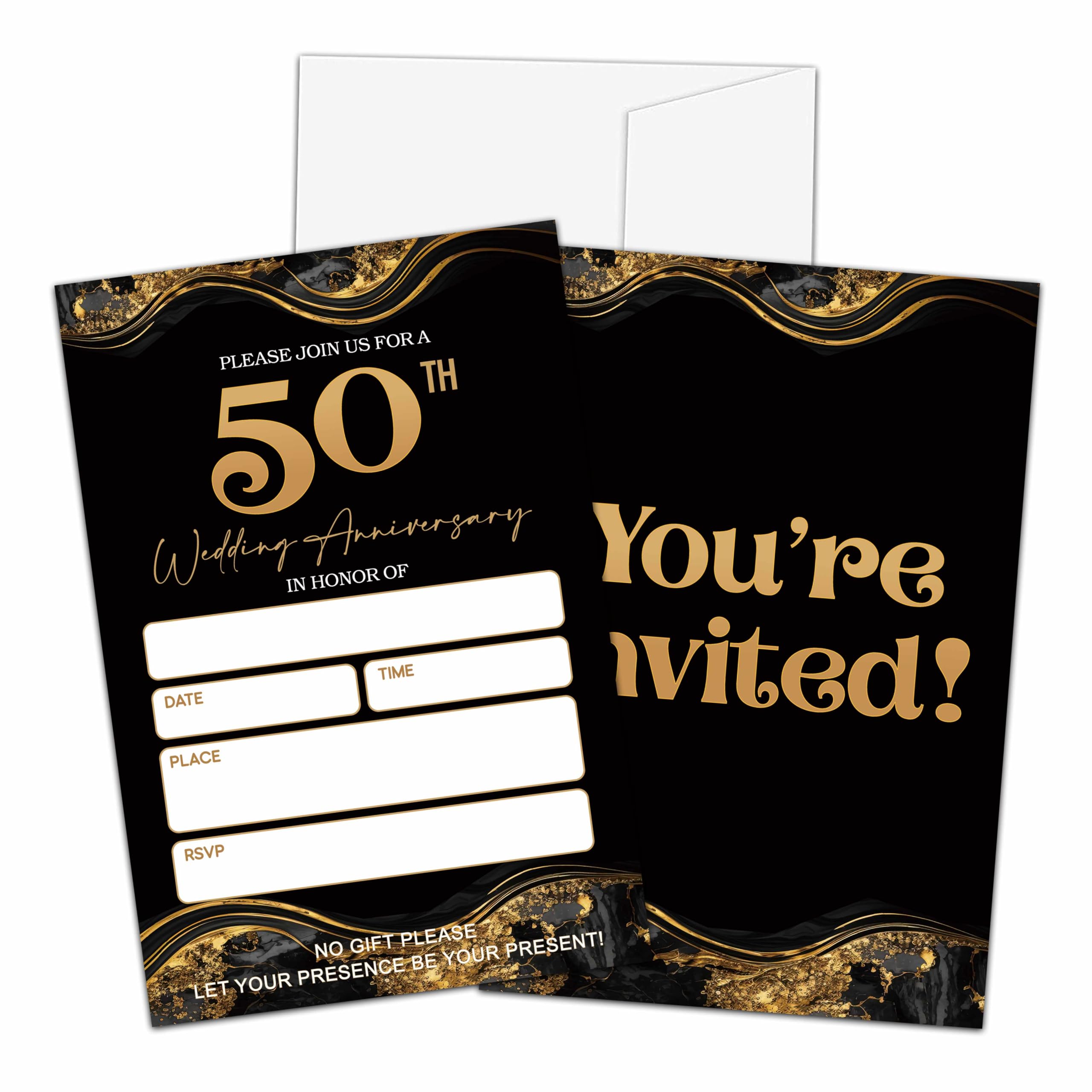 Qinkel 50th Anniversary Invitations, Black Golden Waves Theme Anniversary Party For Women Man, 50th Invites Decorations, 25 Invitations With 25