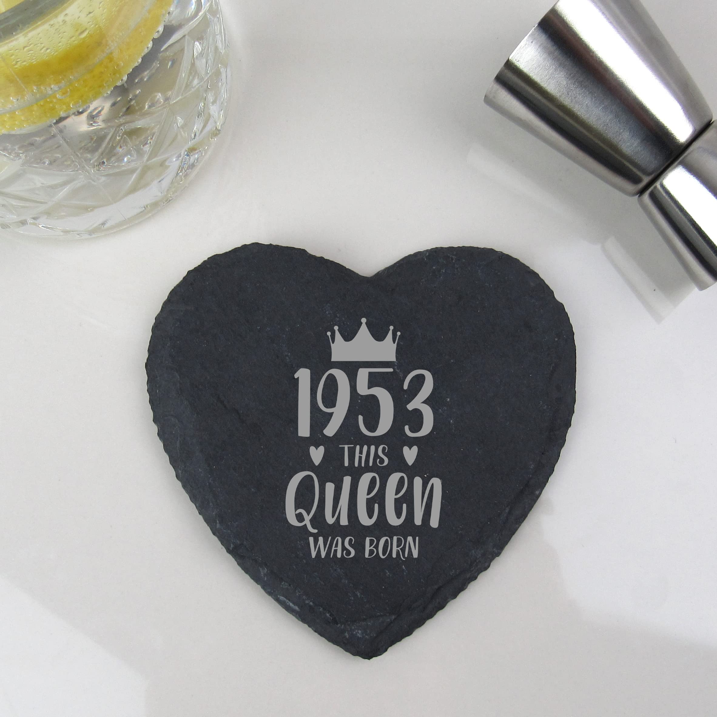 eBuyGB Engraved Heart Slate Coaster -1953 This Queen was Born Design - 50th Birthday Gifts for Women, Her - Fiftieth Birthday Gift for Mum, Grandma - Drinks Mat, Placemat