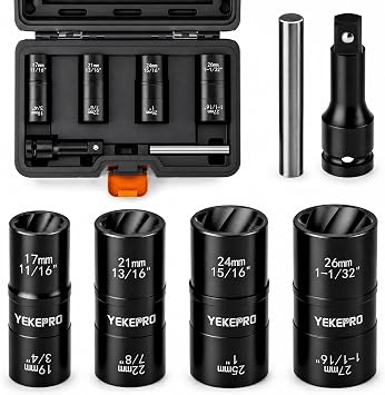 6PCS 2-in-1 Flip Lug Nut Extractor Socket Set, 1/2" Drive Nut Remover Kit, Double-Sided Impact Twist Sockets for Removing Stripped, Rusted & Damaged Lug Nuts, with Extension Bar & Knockout Pin