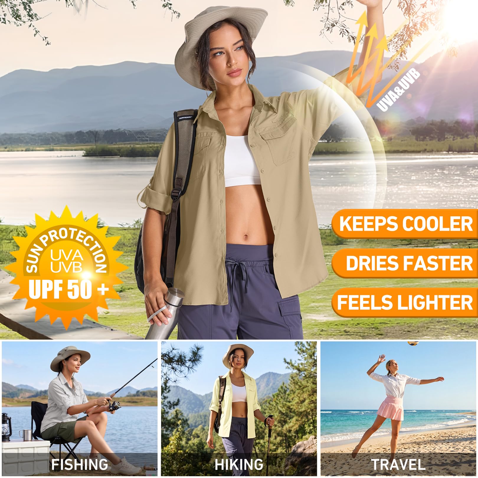 Chemise de soleil safari pour femme UPF 50+ Protection solaire UV à manches longues Séchage rapide Pour la pêche, la randonnée, le jardinage