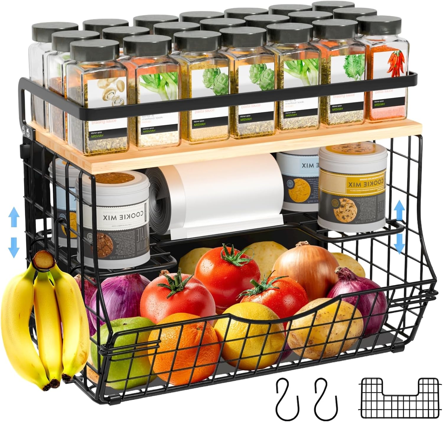 3-Tier Magnetic Shelf for Fridge with Divider & Bamboo Top, Fruit Basket Potato and Onion Storage Bins, Kitchen Large Container Magnetic Spice Rack for Refrigerator, Kitchen Counter, Fridge Organizer 1 Pack BLACK