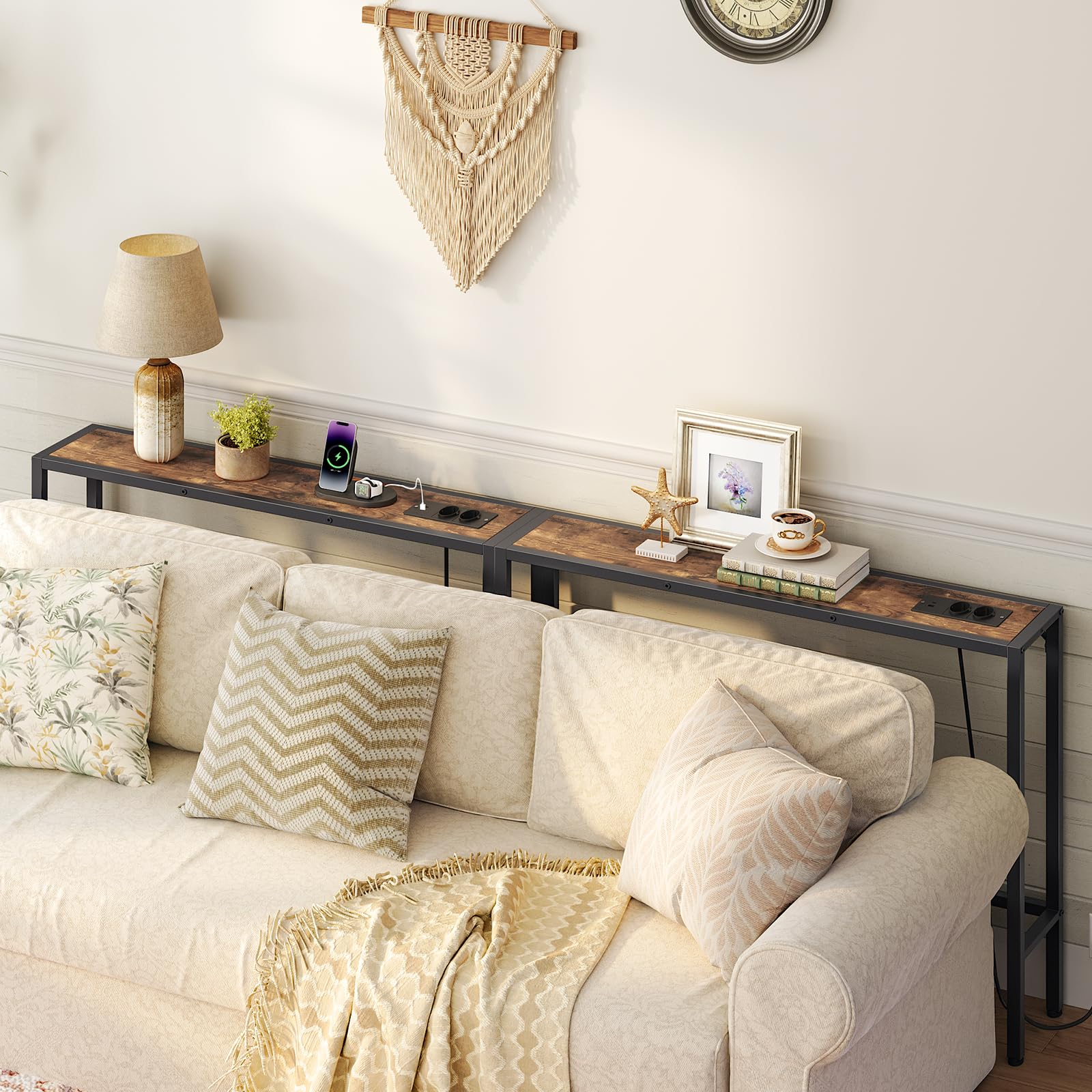 MAHANCRIS Table d’Appoint de 100 cm, Table d’Entrée avec Prises et Ports USB, Bout de Canapé étroit, Cadre Métallique, Pieds Réglables, pour Couloir, Salon, Chambre, Marron et Noir ACTHR968UE01S2