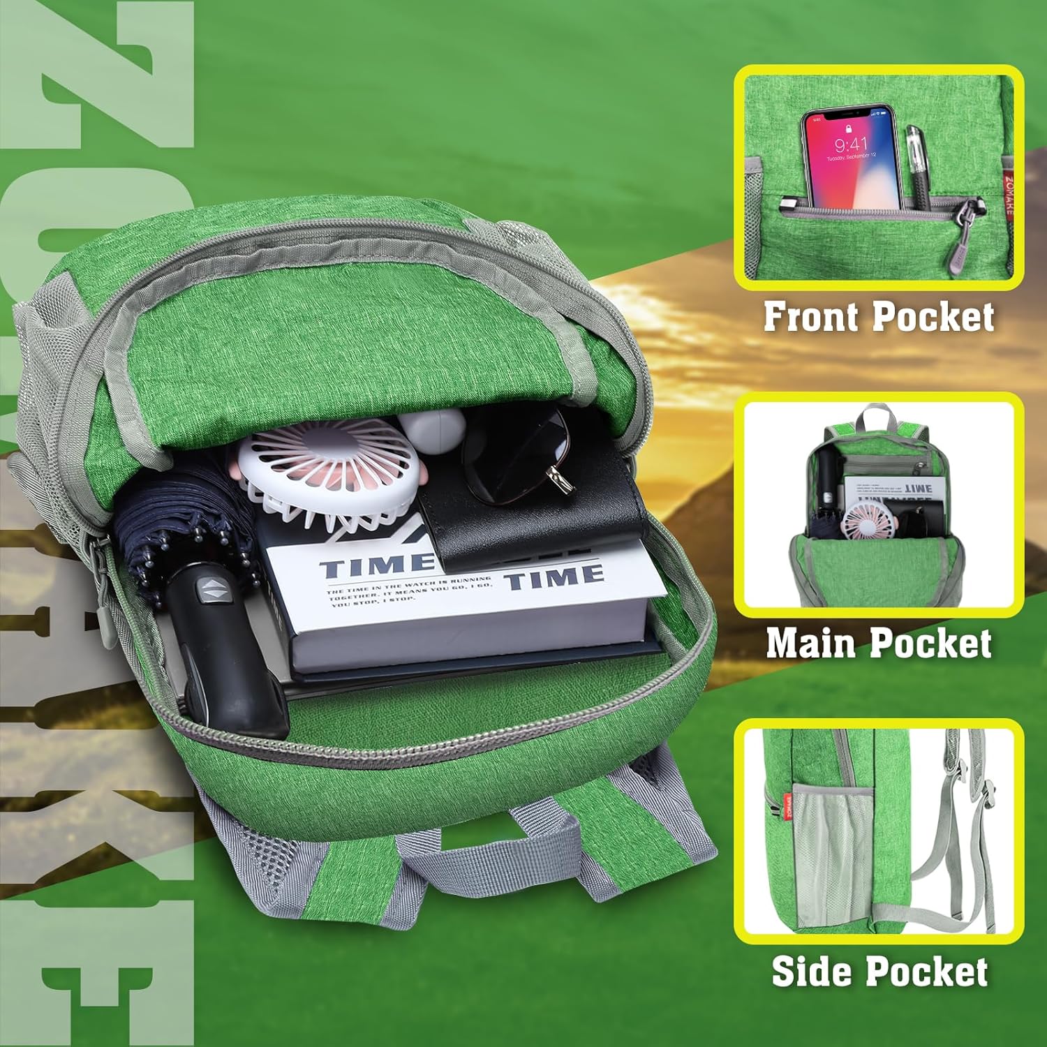 ZOMAKE 10L Lightweight Packable Hiking Backpack, Small Travel Hiking Daypack for Women Men Tear Resistant Foldable Day Pack for Camping Outdoor Sports(Dark Green)
