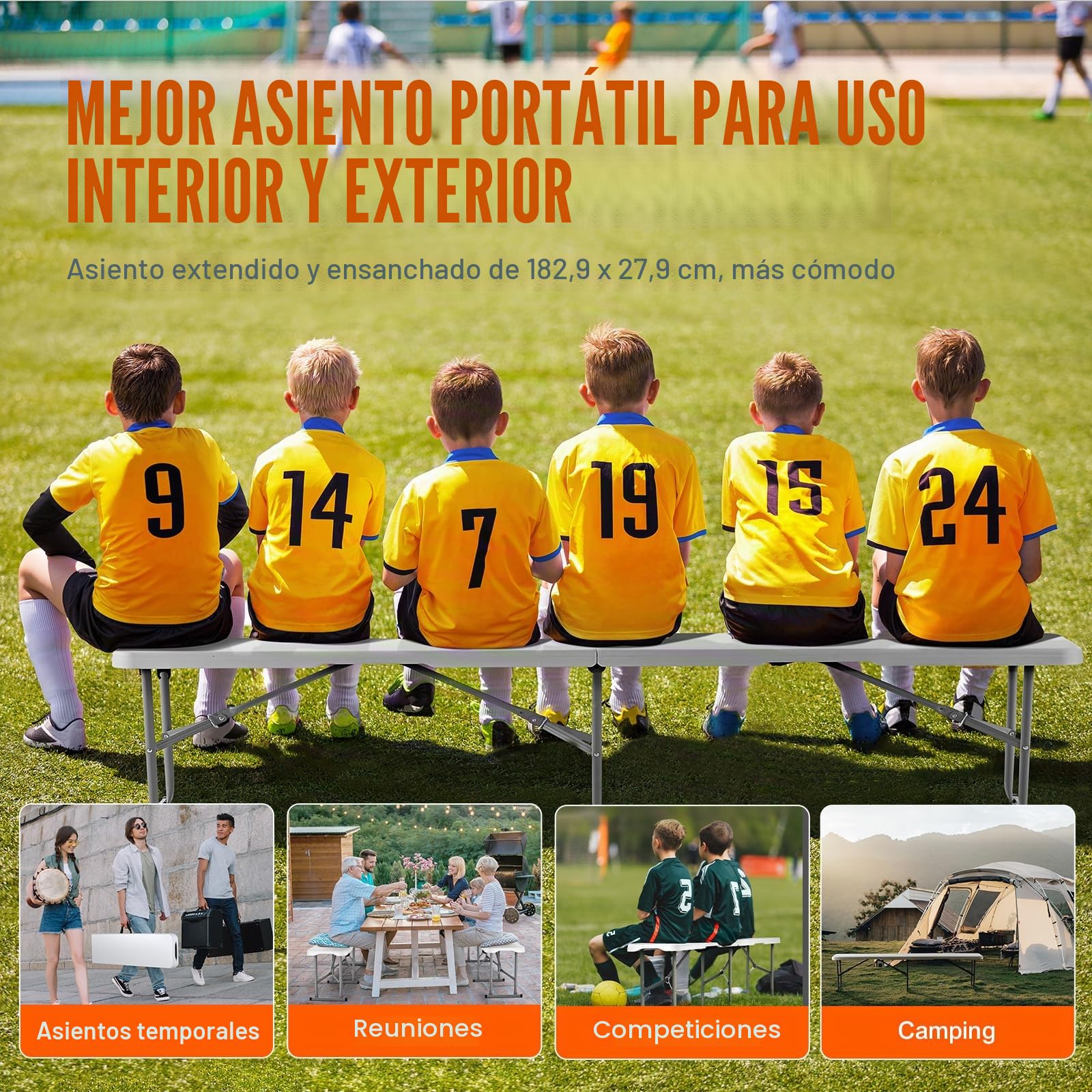 VEVOR Banco Plegable de Plástico Portátil de 183 mm, Banco de Exterior Impermeable de HDPE, Asiento de Comedor para Pícnic y Camping con Asa de Transporte, Blanco, 1820 x 280 x 430 mm, 2 Unidades